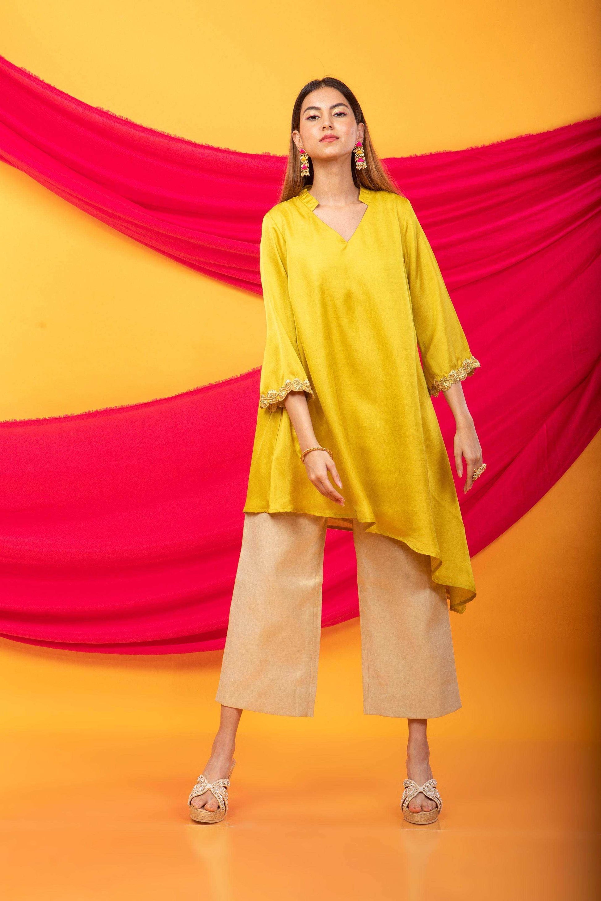 Nusrat Assymetrical Kurta and Pant Co-ord Set-Canary Yellow and gold - Monk & Mei
