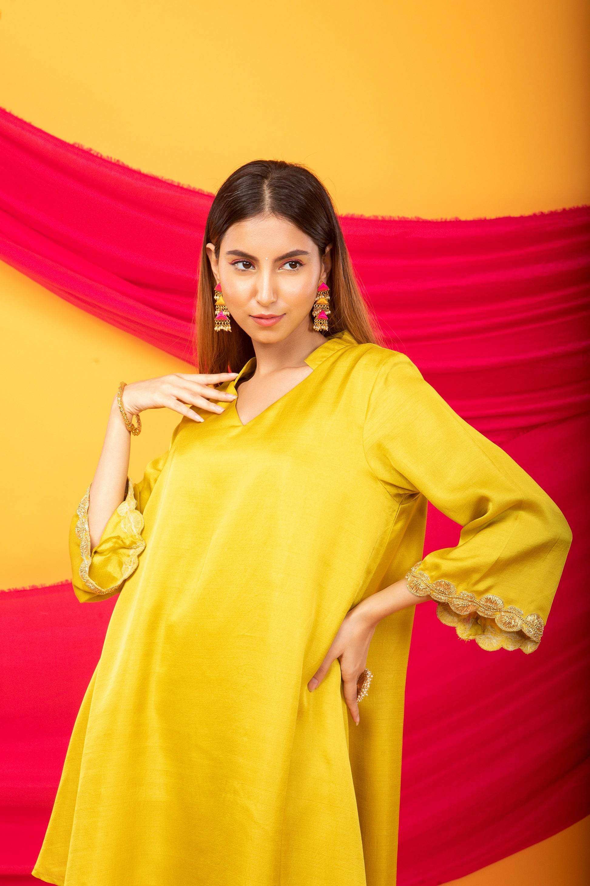 Nusrat Assymetrical Kurta and Pant Co-ord Set-Canary Yellow and gold - Monk & Mei