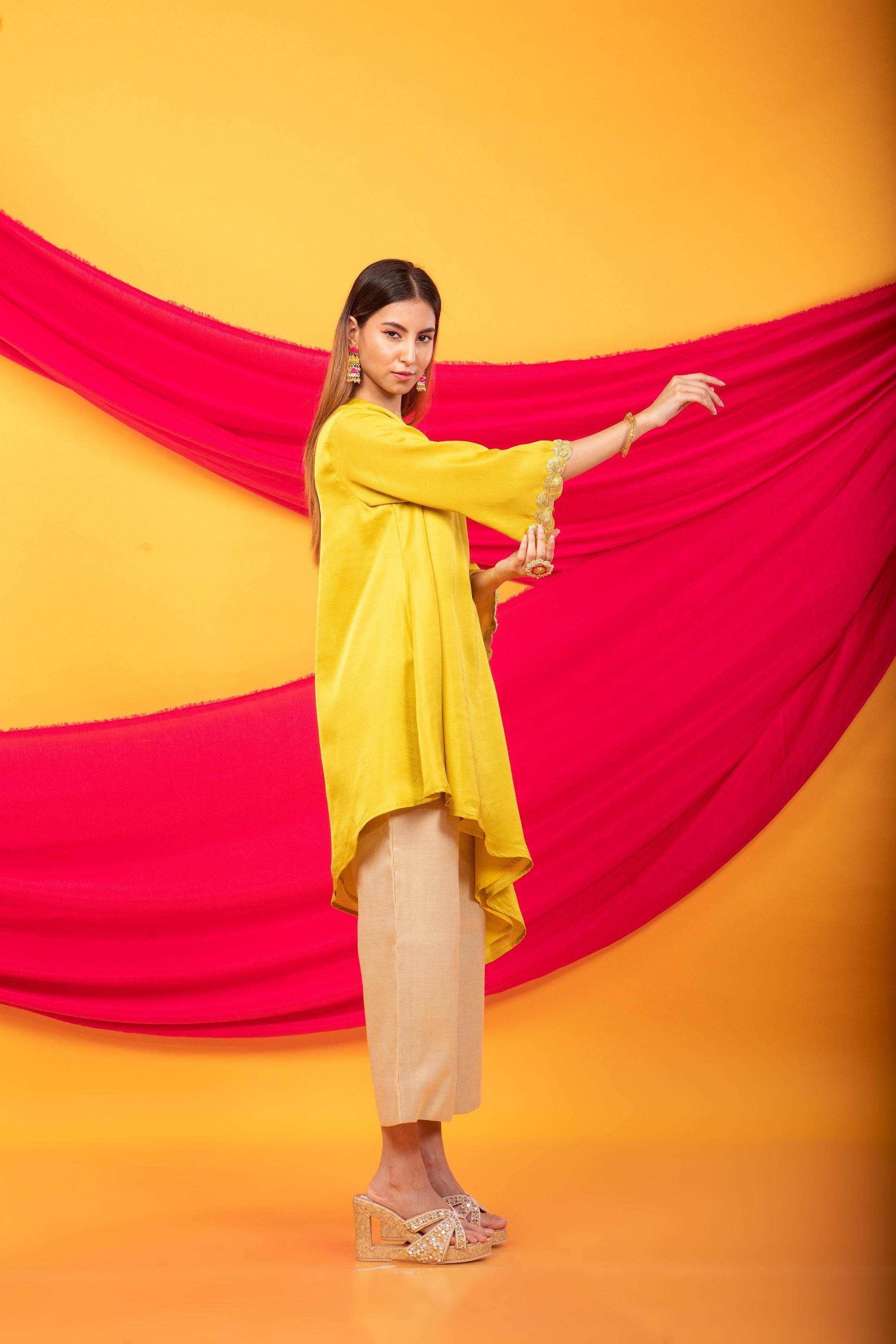 Nusrat Assymetrical Kurta and Pant Co-ord Set-Canary Yellow and gold - Monk & Mei