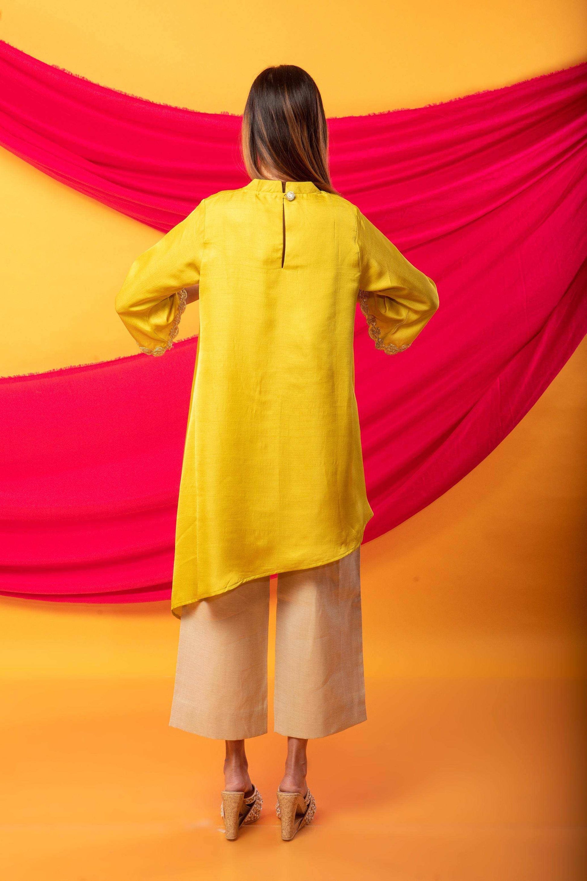 Nusrat Assymetrical Kurta and Pant Co-ord Set-Canary Yellow and gold - Monk & Mei