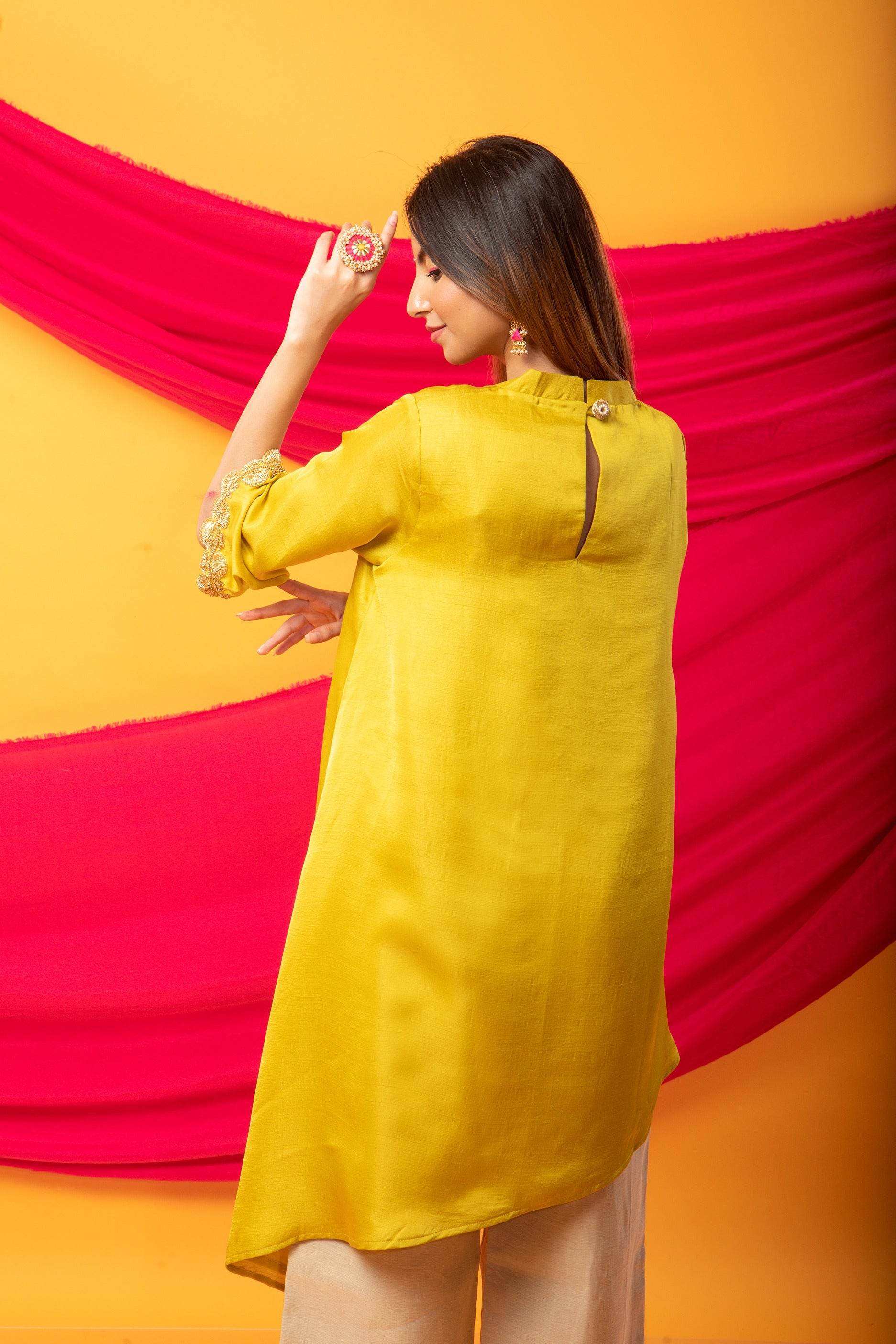 Nusrat Assymetrical Kurta and Pant Co-ord Set-Canary Yellow and gold - Monk & Mei
