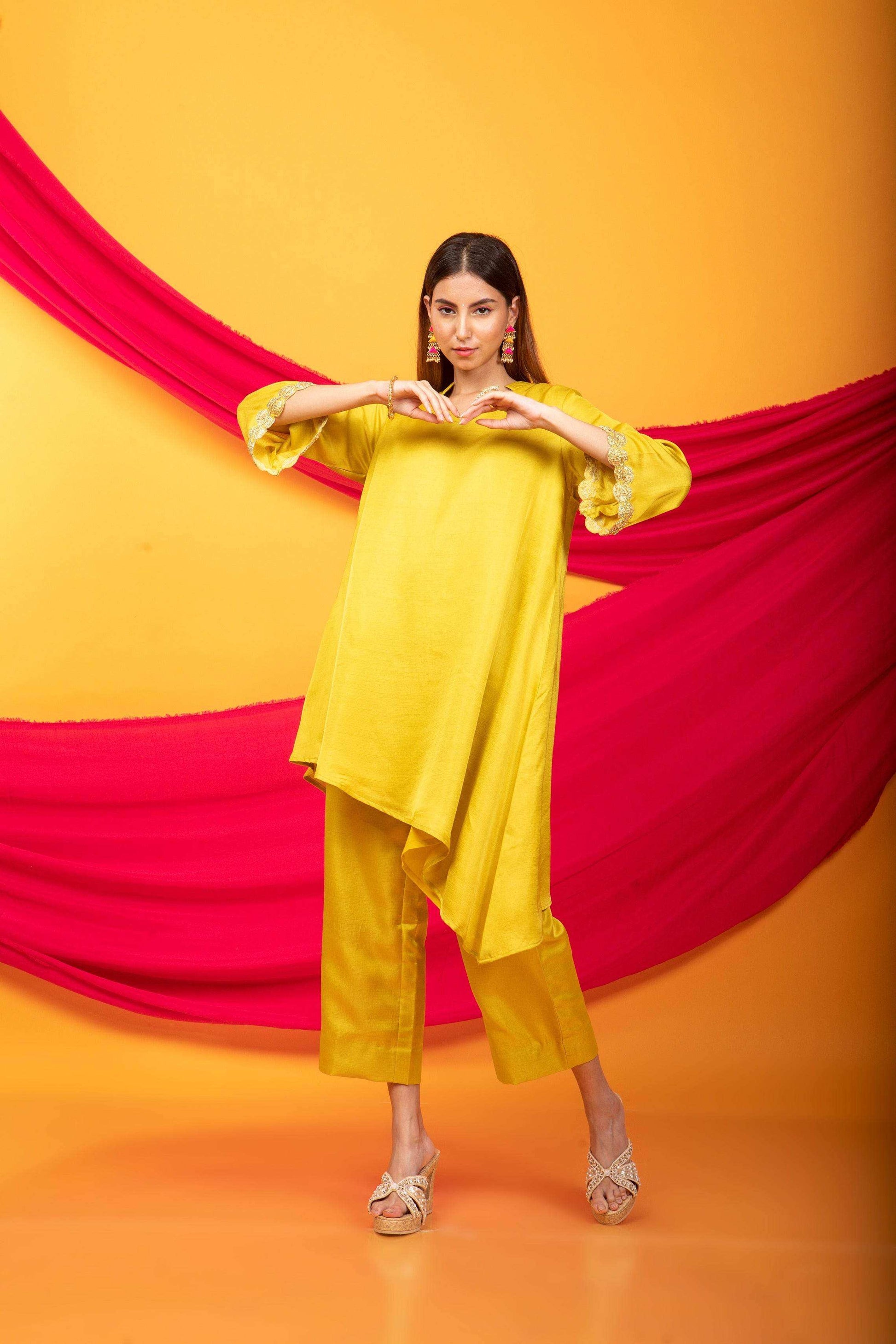 Nusrat Assymetrical Kurta and Pant Co-ord Set-Canary Yellow - Monk & Mei