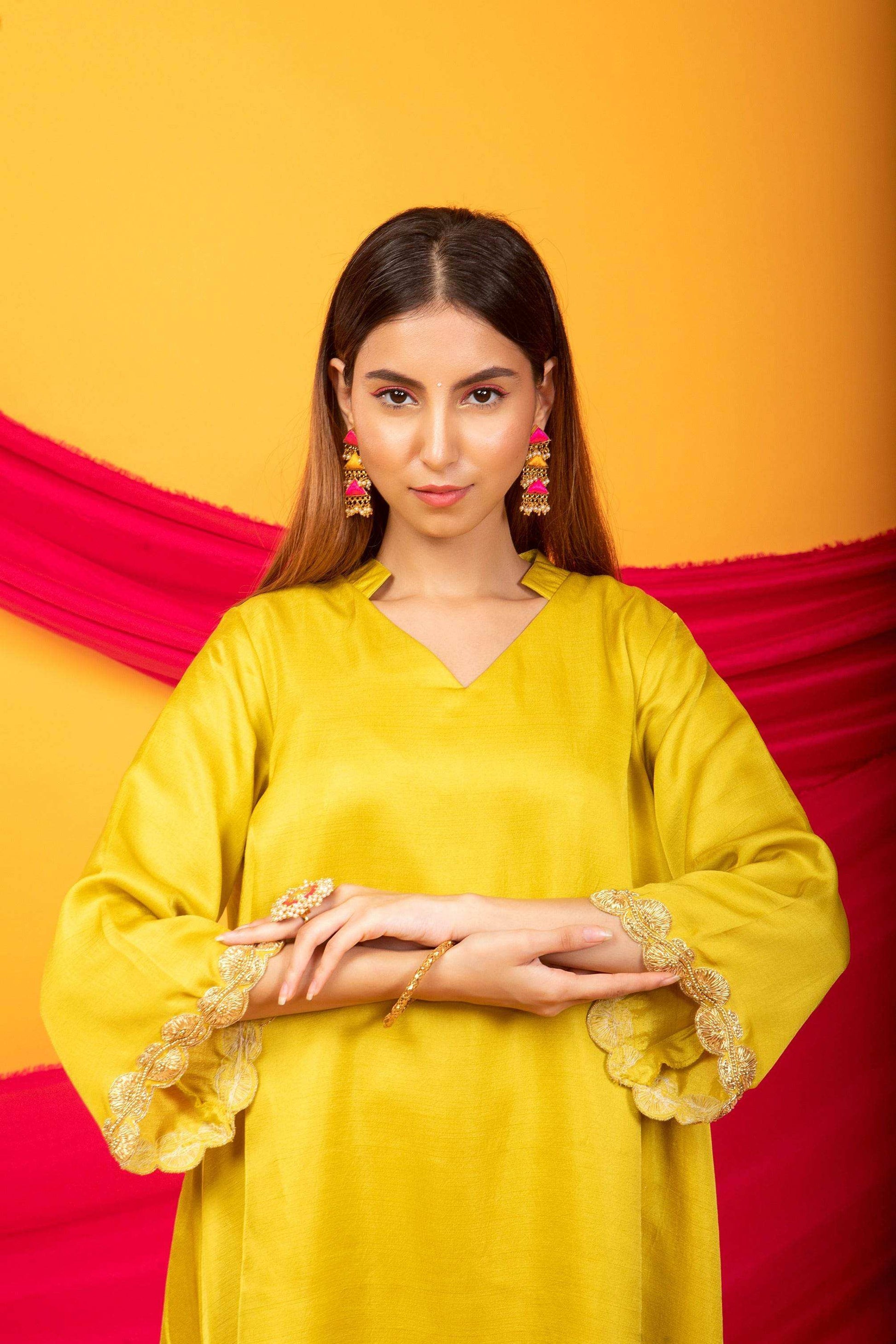 Nusrat Assymetrical Kurta and Pant Co-ord Set-Canary Yellow - Monk & Mei
