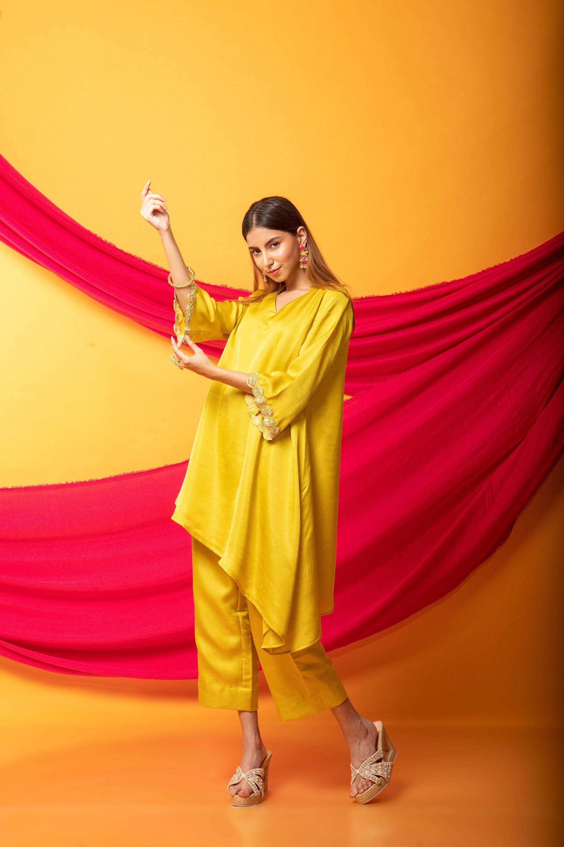 Nusrat Assymetrical Kurta and Pant Co-ord Set-Canary Yellow - Monk & Mei