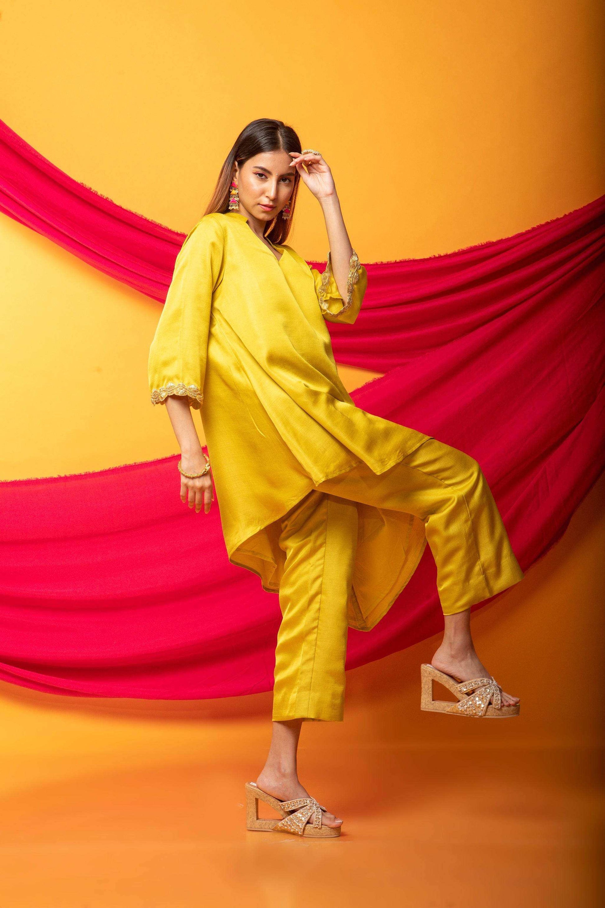 Nusrat Assymetrical Kurta and Pant Co-ord Set-Canary Yellow - Monk & Mei
