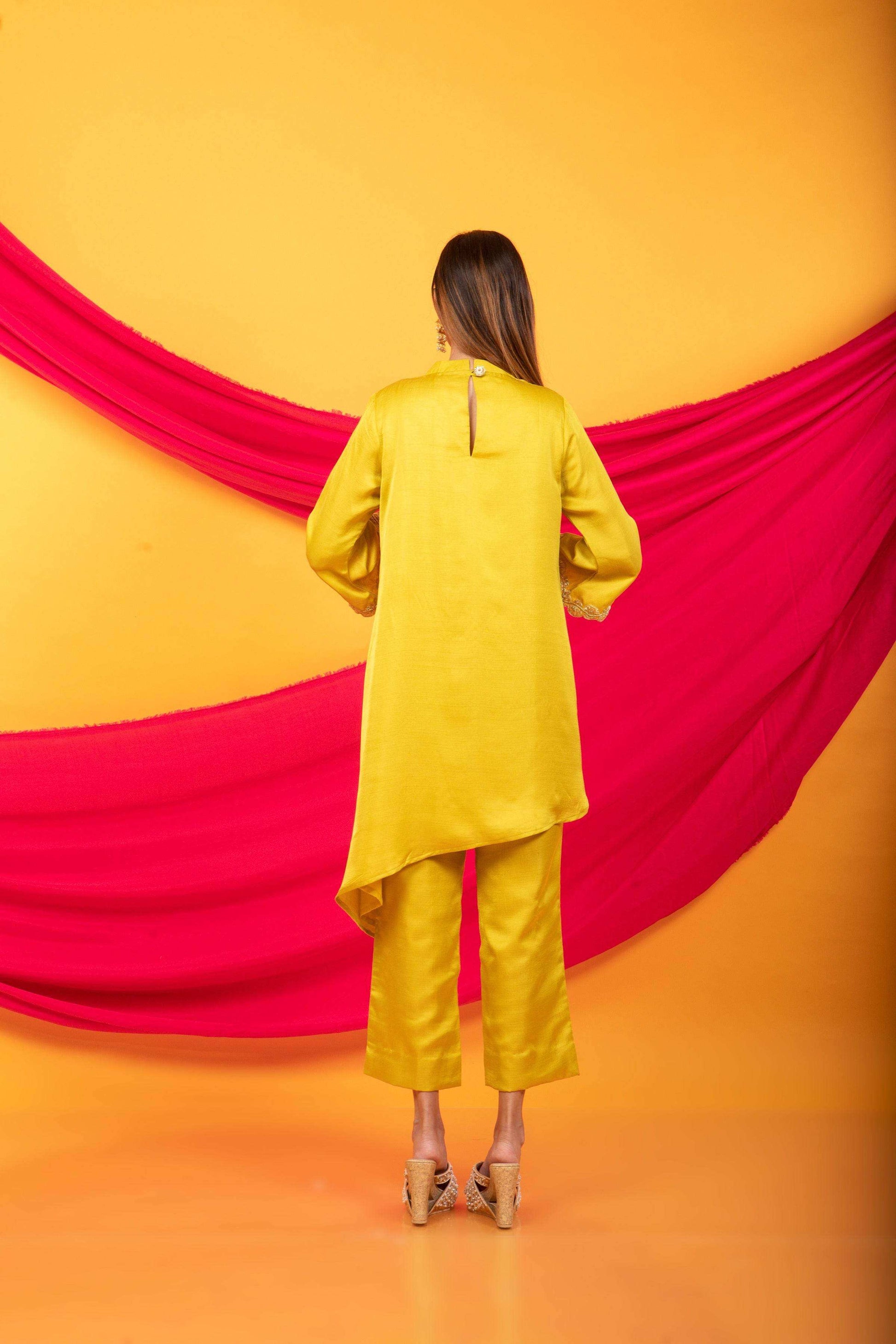 Nusrat Assymetrical Kurta and Pant Co-ord Set-Canary Yellow - Monk & Mei