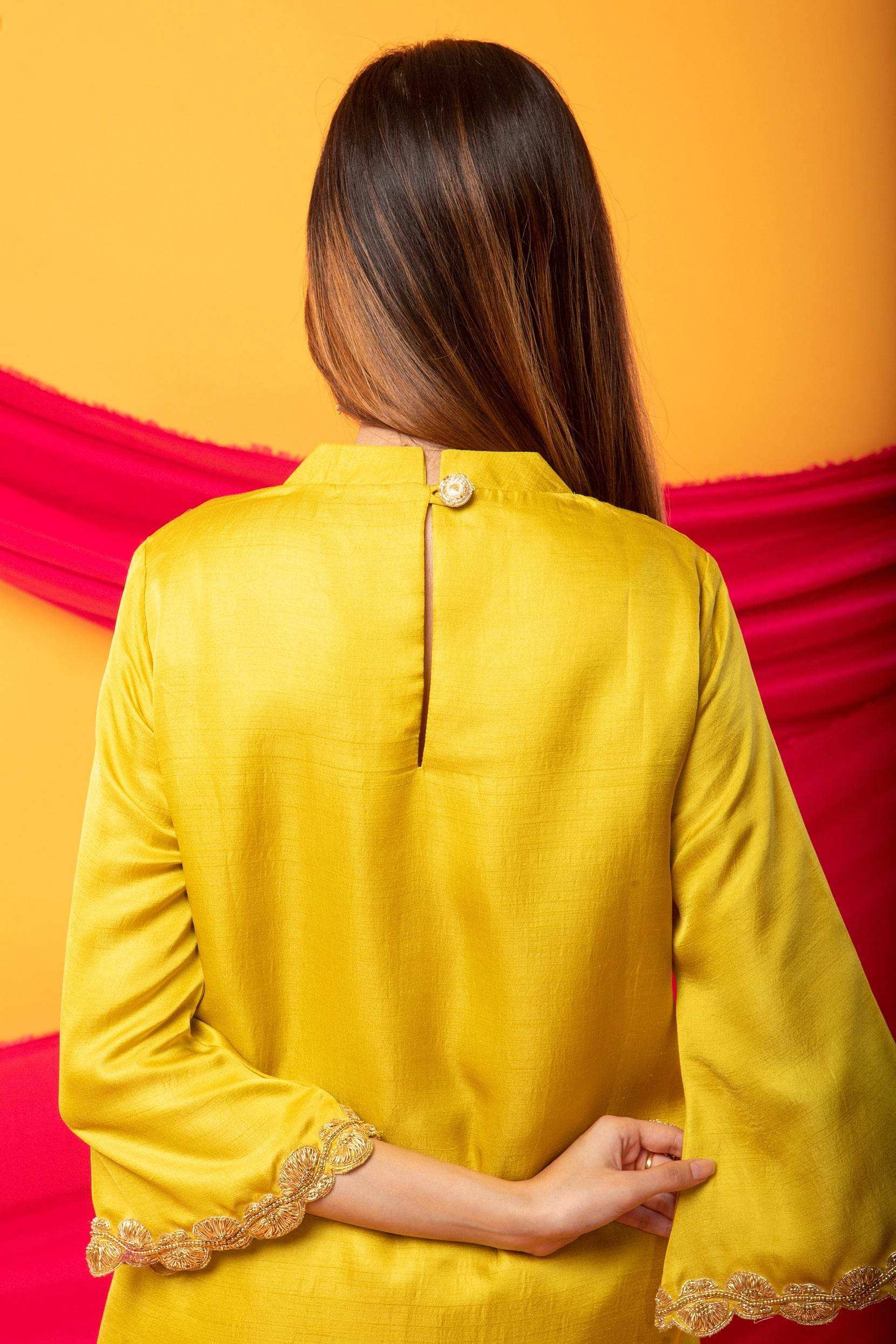 Nusrat Assymetrical Kurta and Pant Co-ord Set-Canary Yellow - Monk & Mei