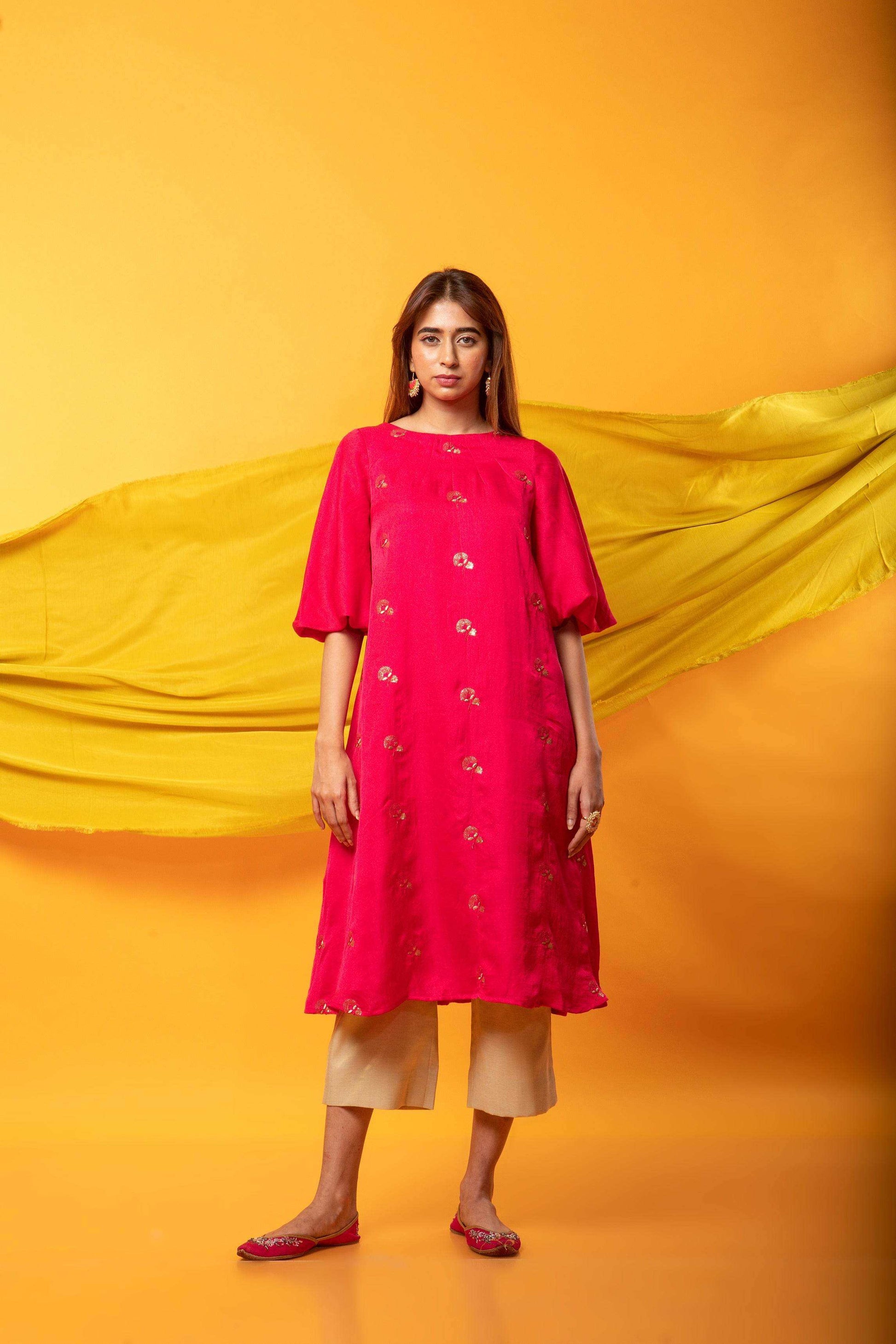 Feroz Kurta and Pant Set-Fuchsia Pink and gold - Monk & Mei