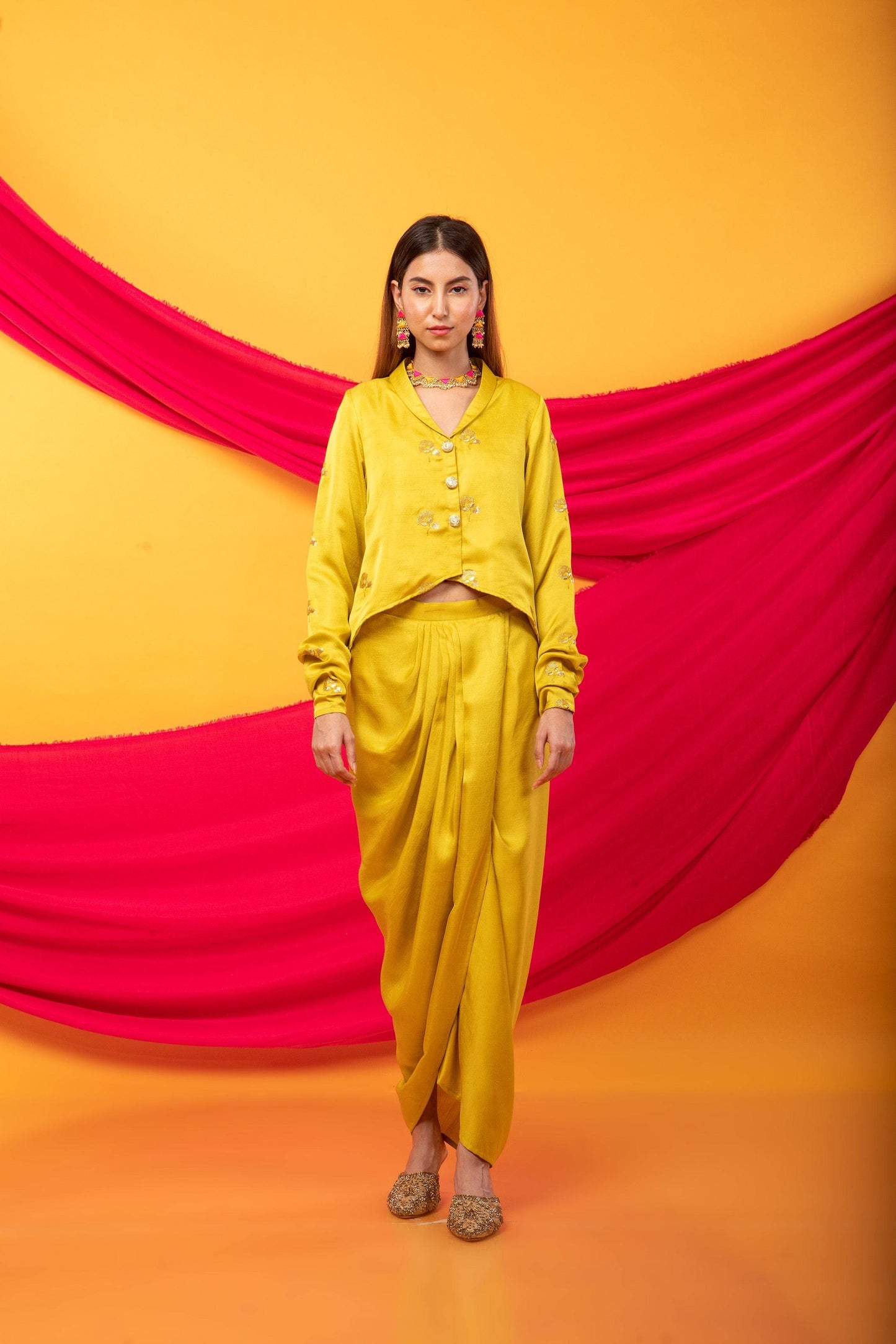 Gulabo Dhoti and Jacket Co-ord Set-Canary Yellow - Monk & Mei