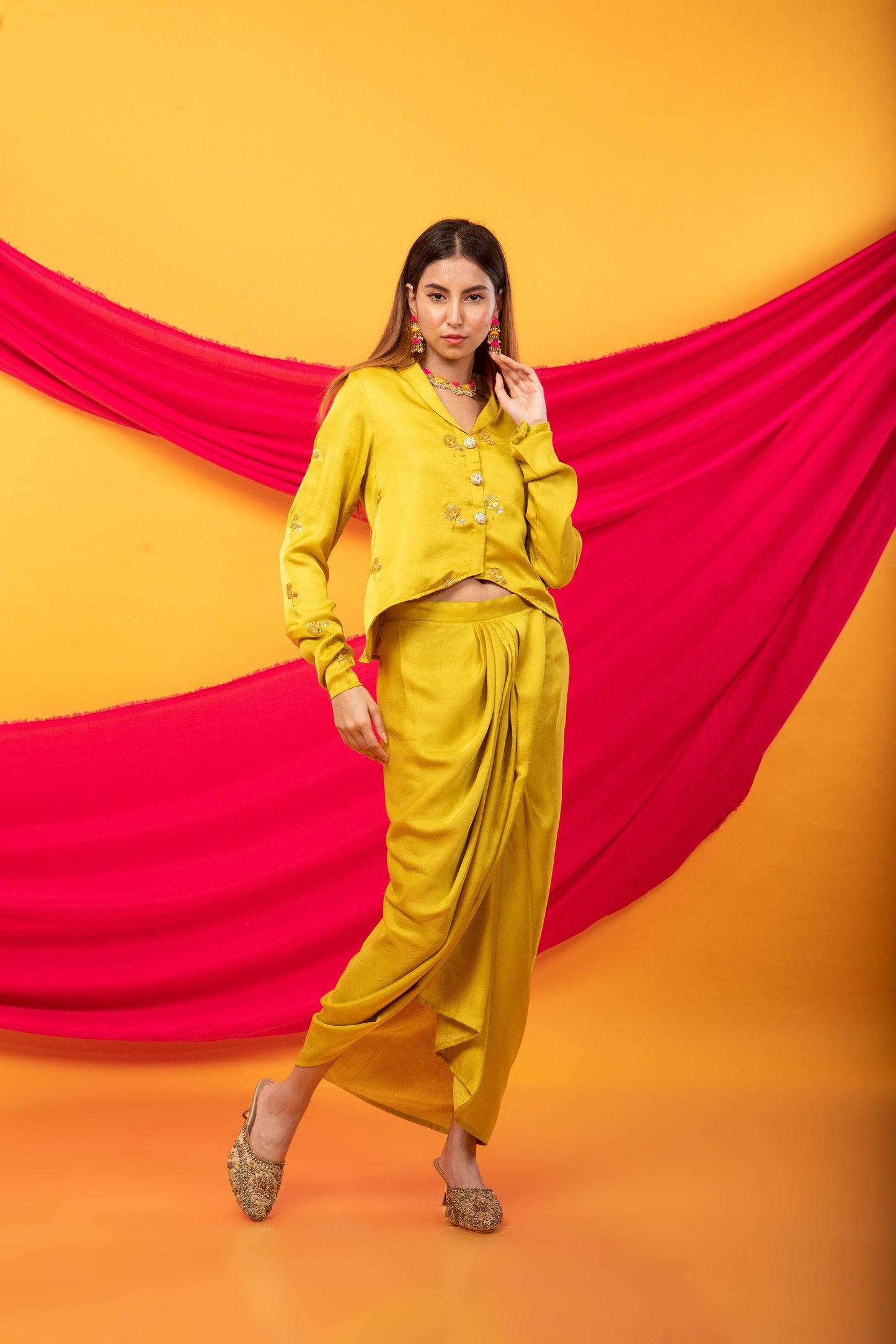 Gulabo Dhoti and Jacket Co-ord Set-Canary Yellow - Monk & Mei