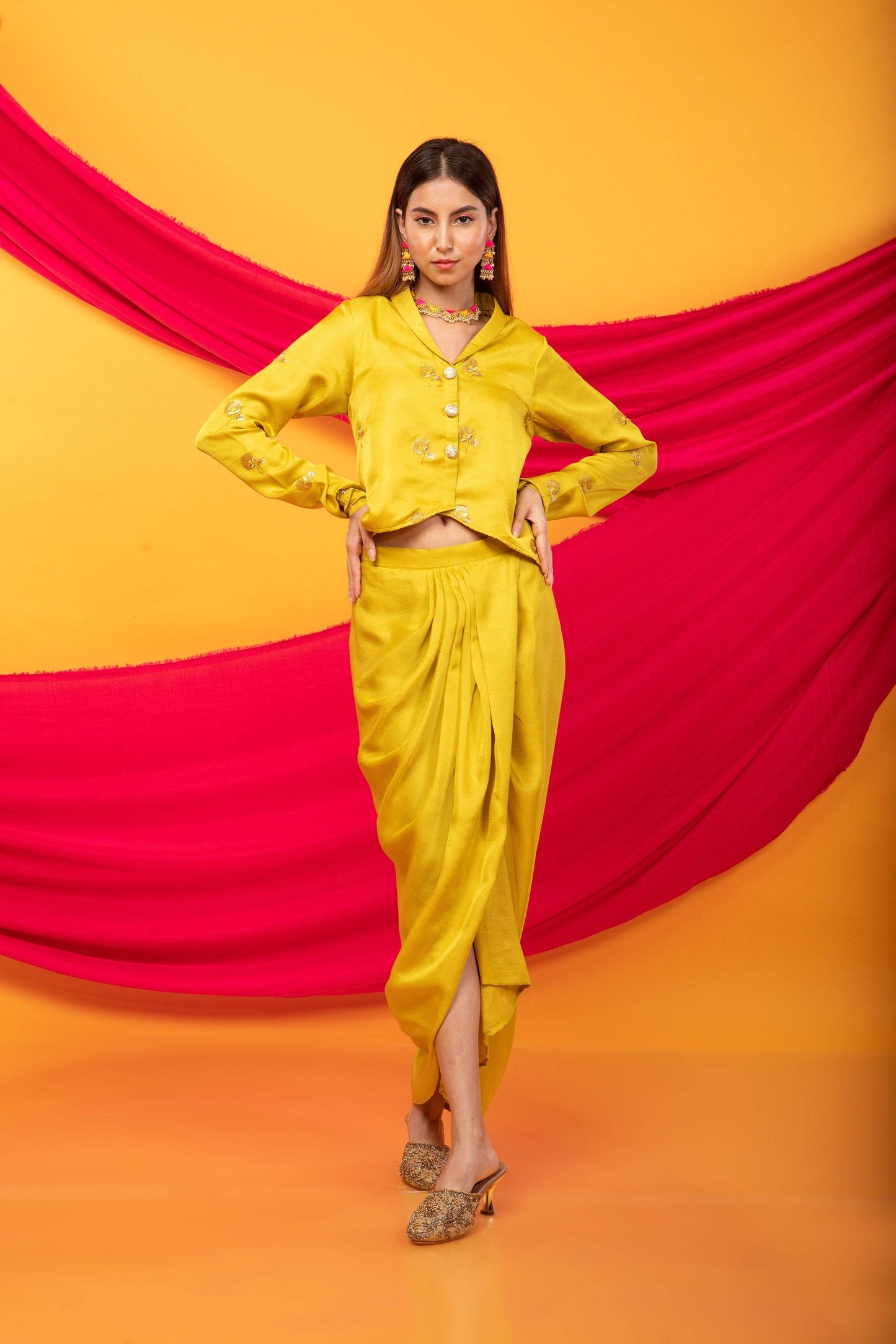 Gulabo Dhoti and Jacket Co-ord Set-Canary Yellow - Monk & Mei