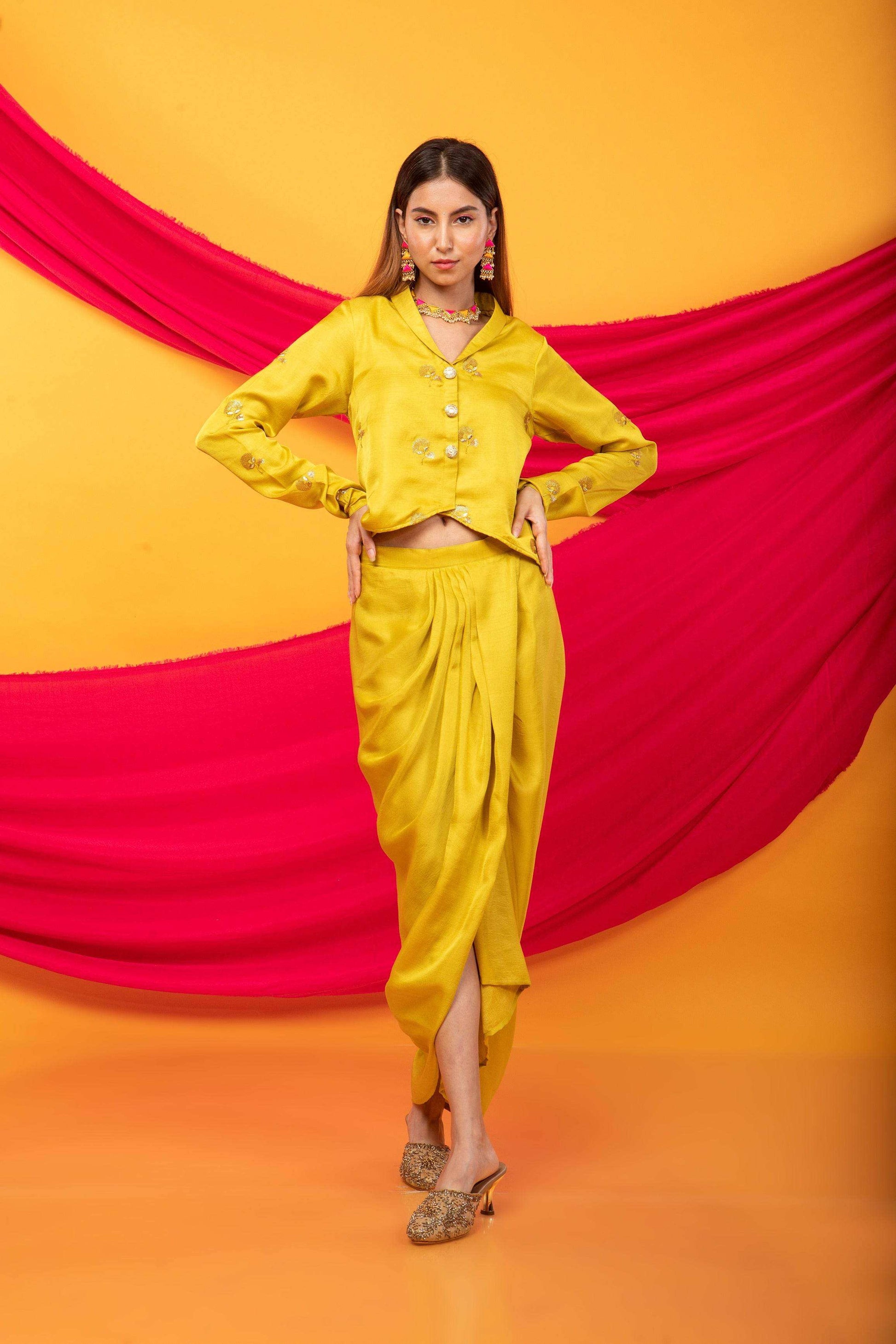 Gulabo Dhoti and Jacket Co-ord Set-Canary Yellow - Monk & Mei