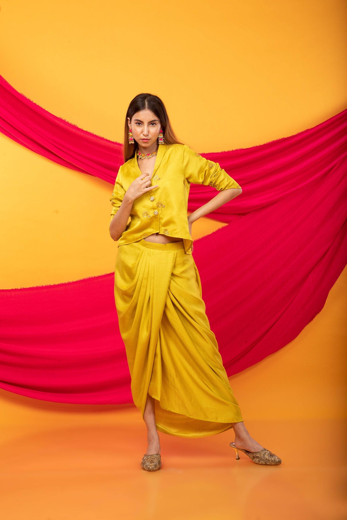 Gulabo Dhoti and Jacket Co-ord Set-Canary Yellow - Monk & Mei