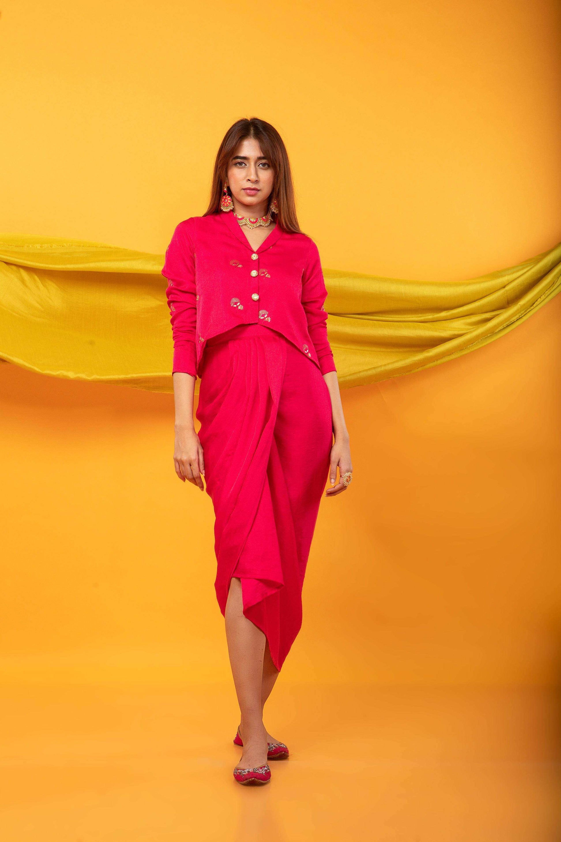 Gulabo Dhoti and Jacket Co-ord Set-Fuchsia Pink - Monk & Mei