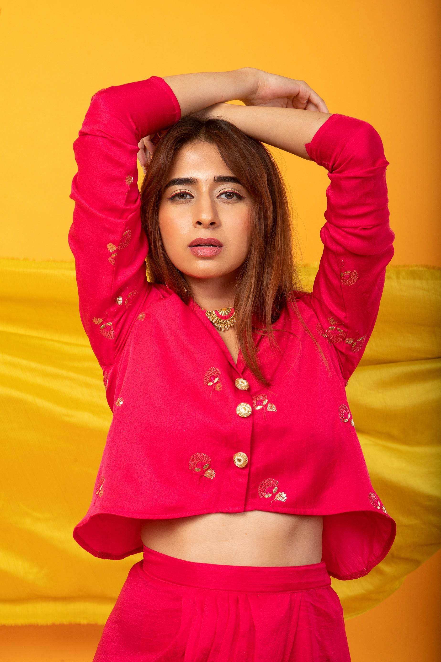 Gulabo Dhoti and Jacket Co-ord Set-Fuchsia Pink - Monk & Mei