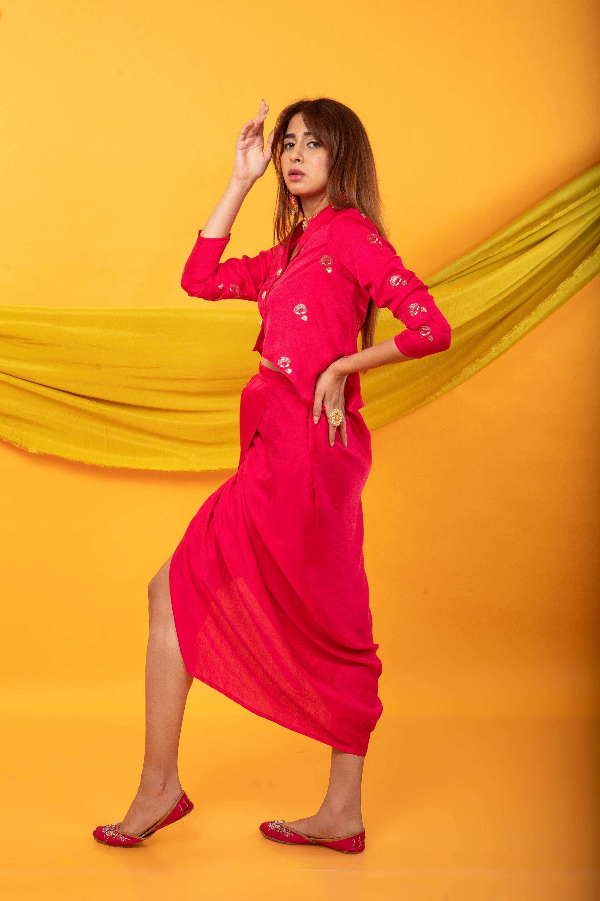 Gulabo Dhoti and Jacket Co-ord Set-Fuchsia Pink - Monk & Mei