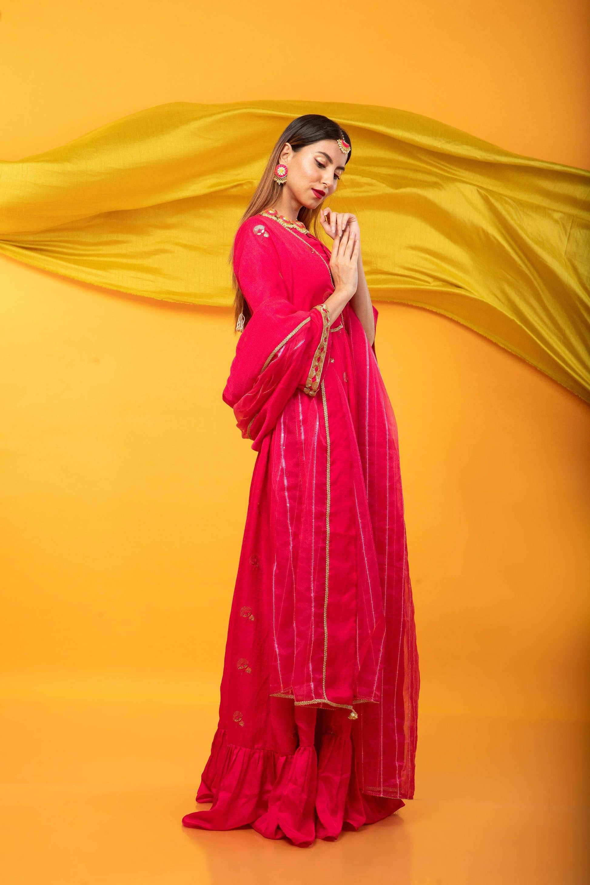 Zunera Long Anarkali Kurta with Dupatta Set-Fuchsia Pink - Monk & Mei