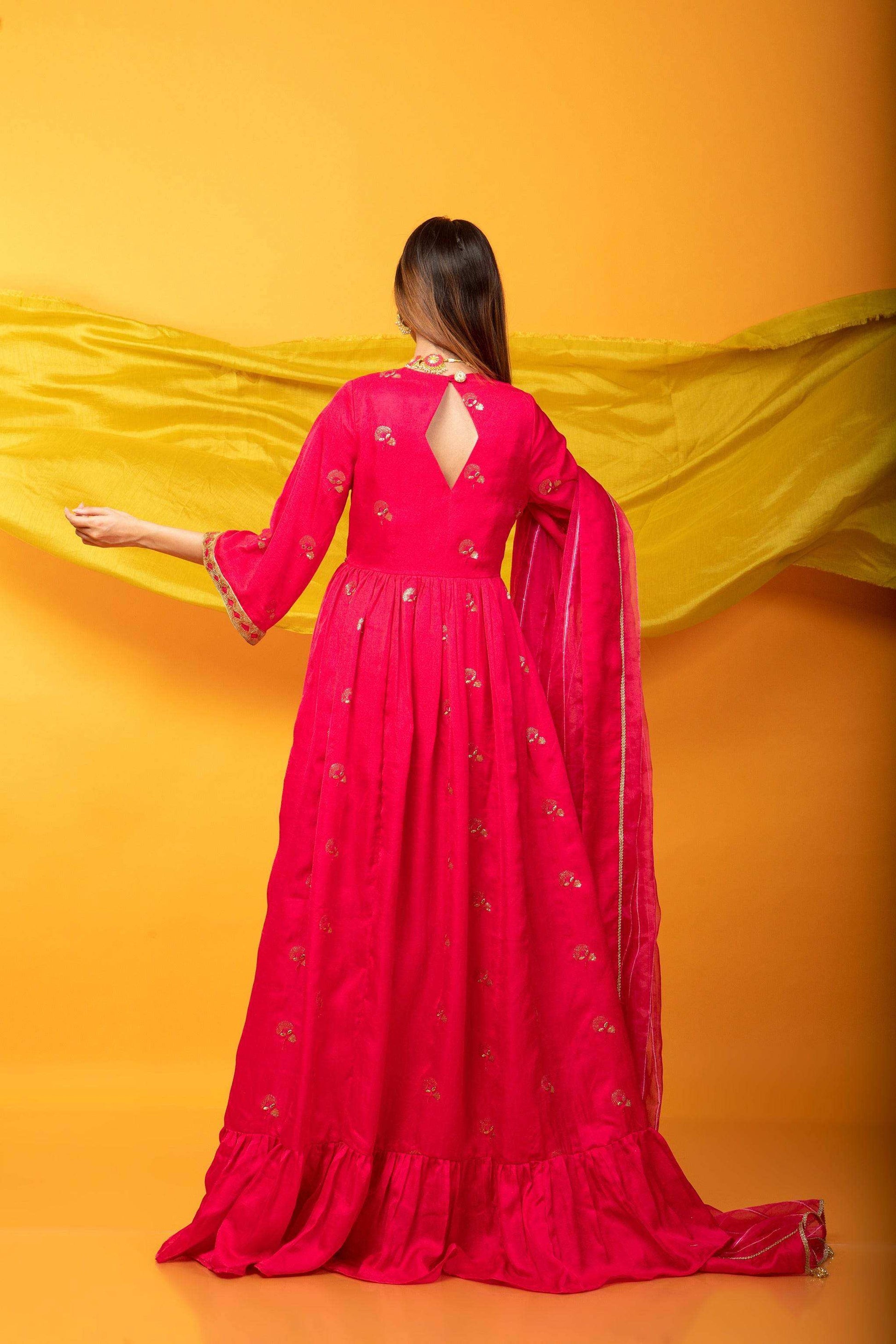 Zunera Long Anarkali Kurta with Dupatta Set-Fuchsia Pink - Monk & Mei