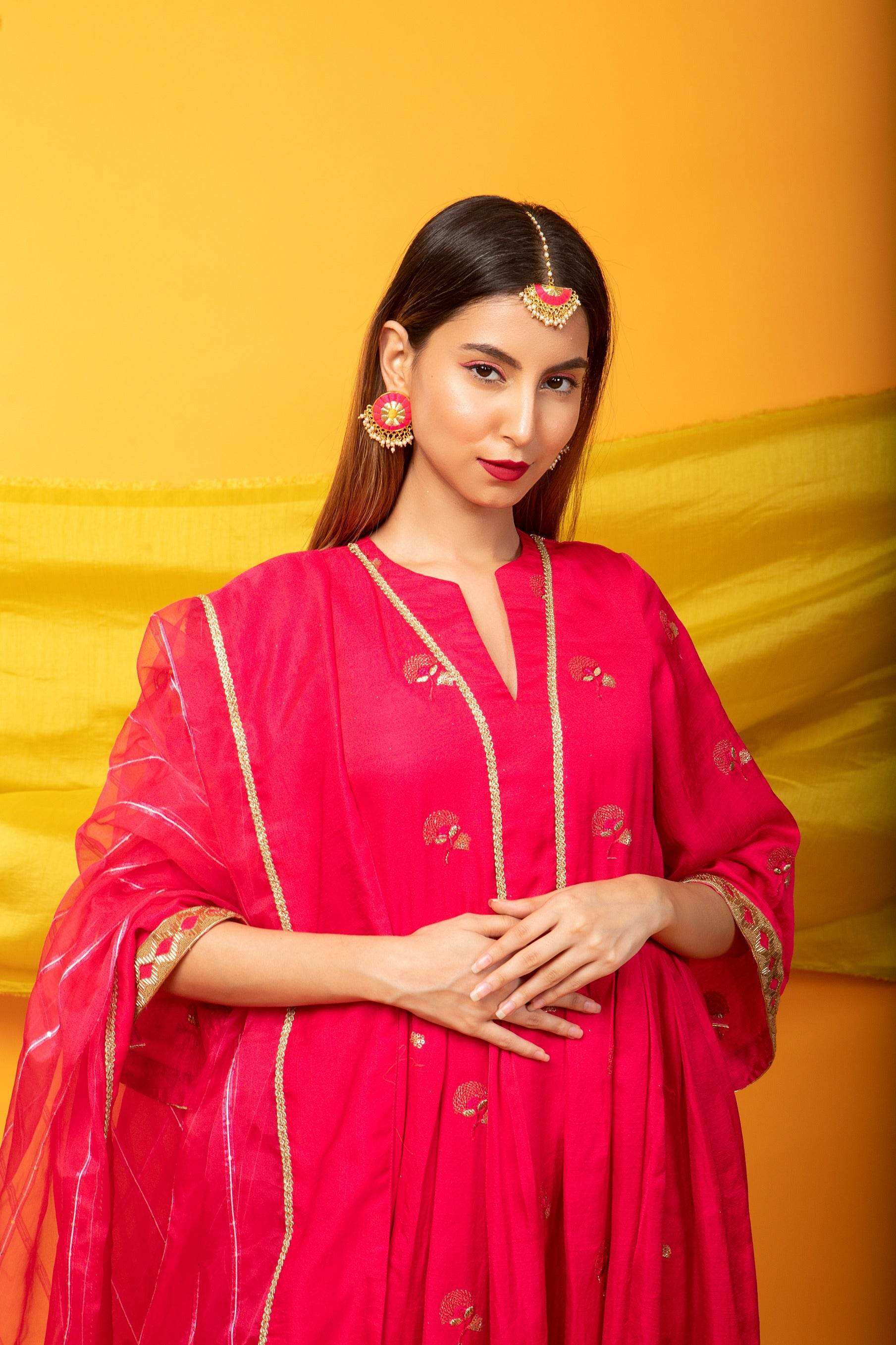 Zunera Long Anarkali Kurta with Dupatta Set-Fuchsia Pink - Monk & Mei