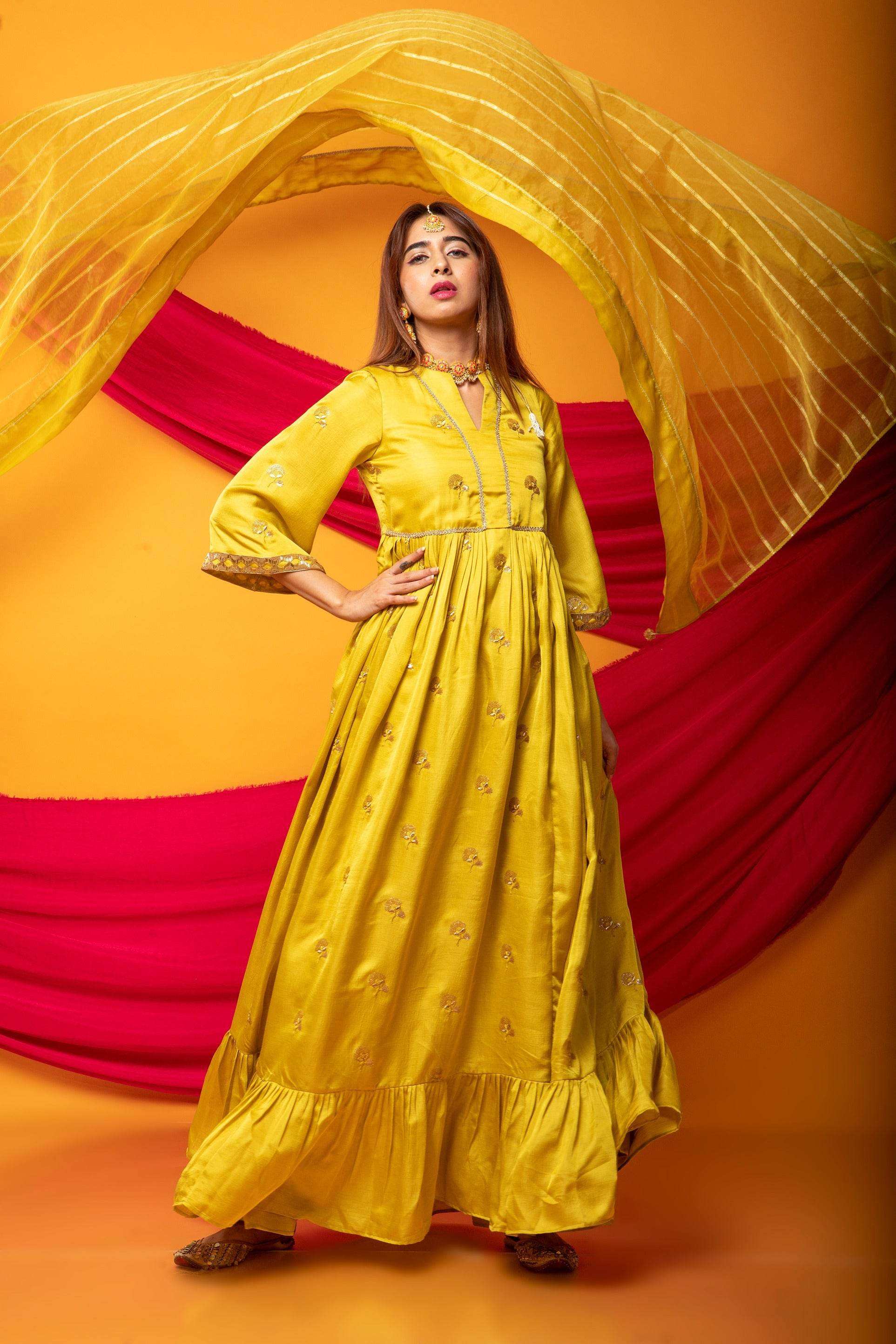 Zunera Long Anarkali Kurta with Dupatta Set-Canary Yellow - Monk & Mei