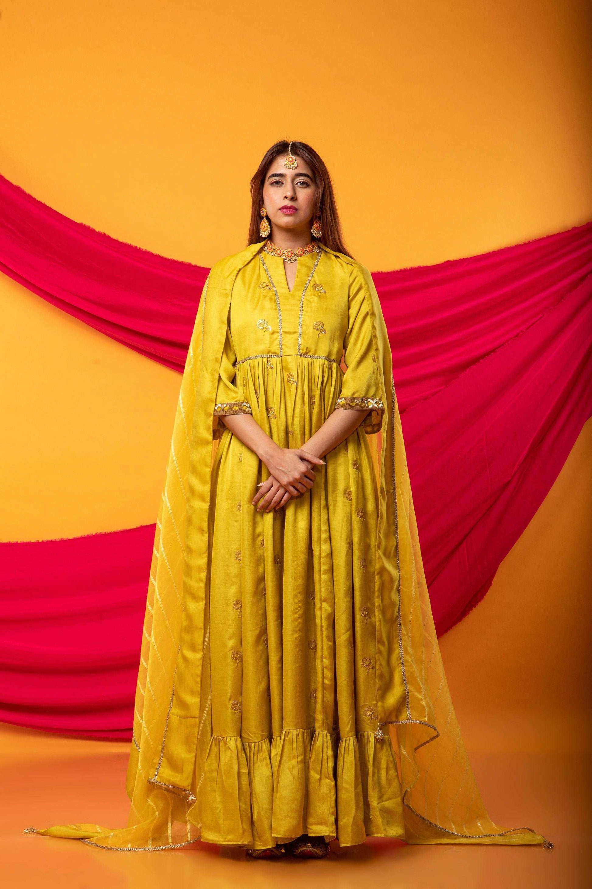 Zunera Long Anarkali Kurta with Dupatta Set-Canary Yellow - Monk & Mei
