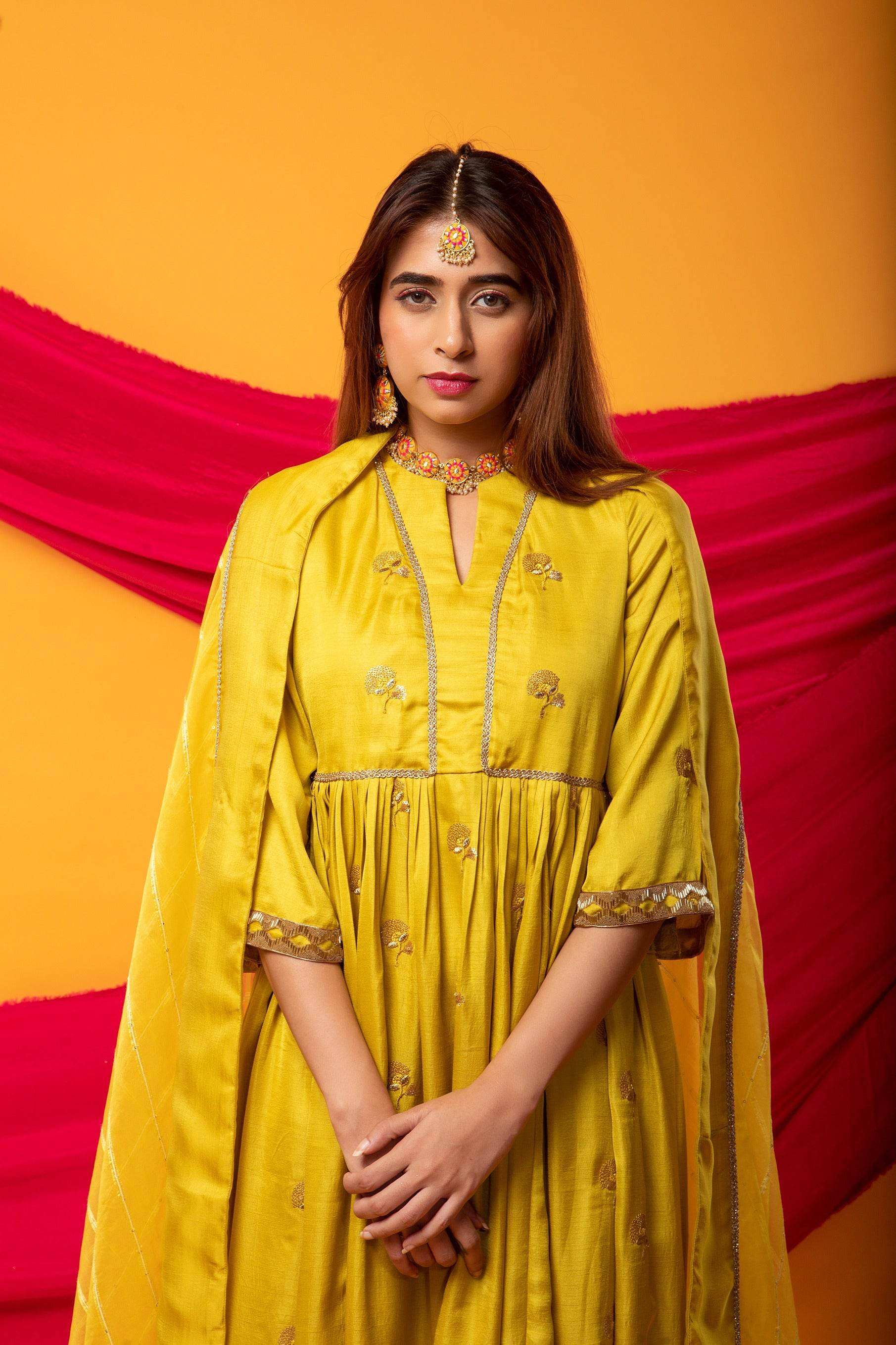 Zunera Long Anarkali Kurta with Dupatta Set-Canary Yellow - Monk & Mei