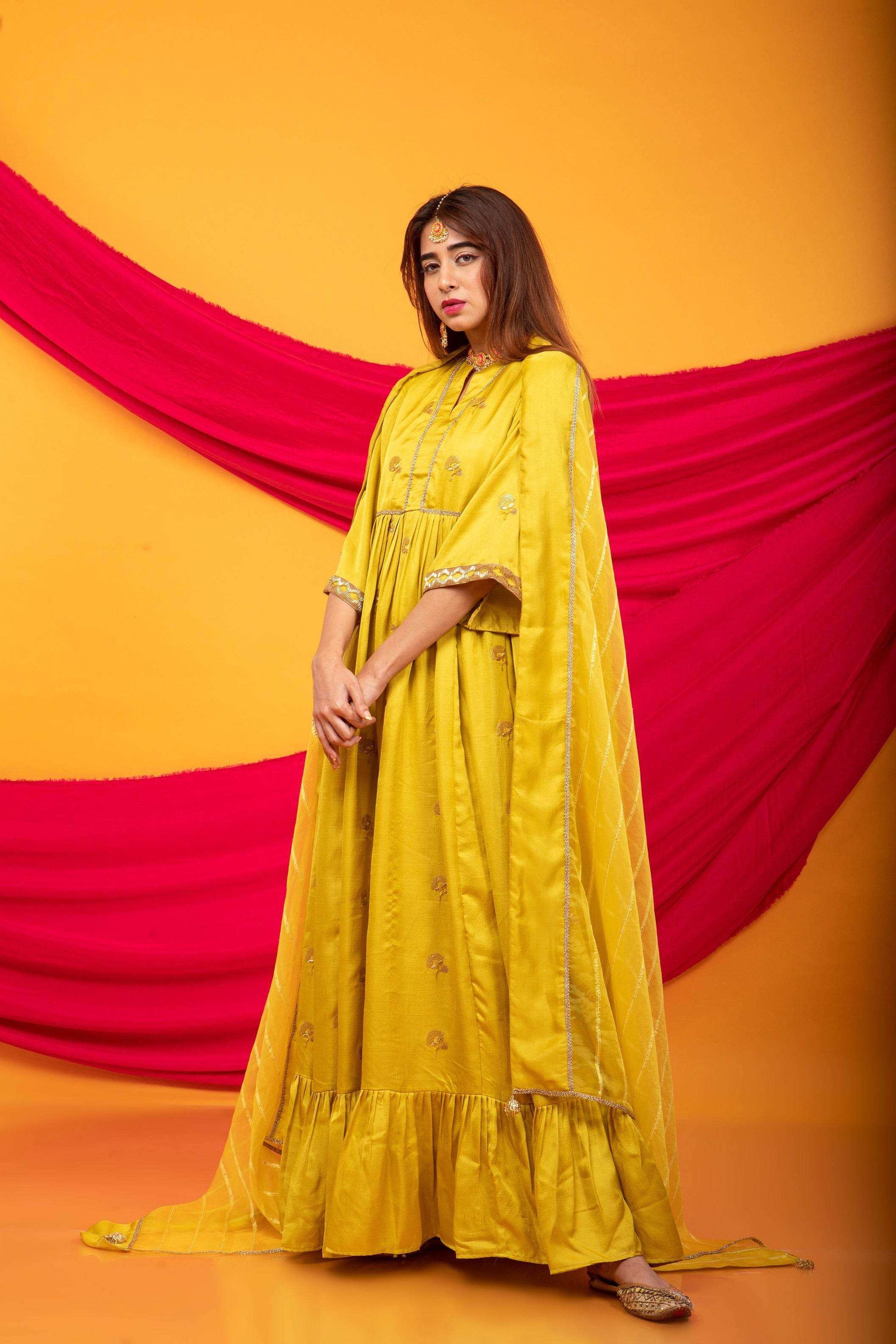 Zunera Long Anarkali Kurta with Dupatta Set-Canary Yellow - Monk & Mei