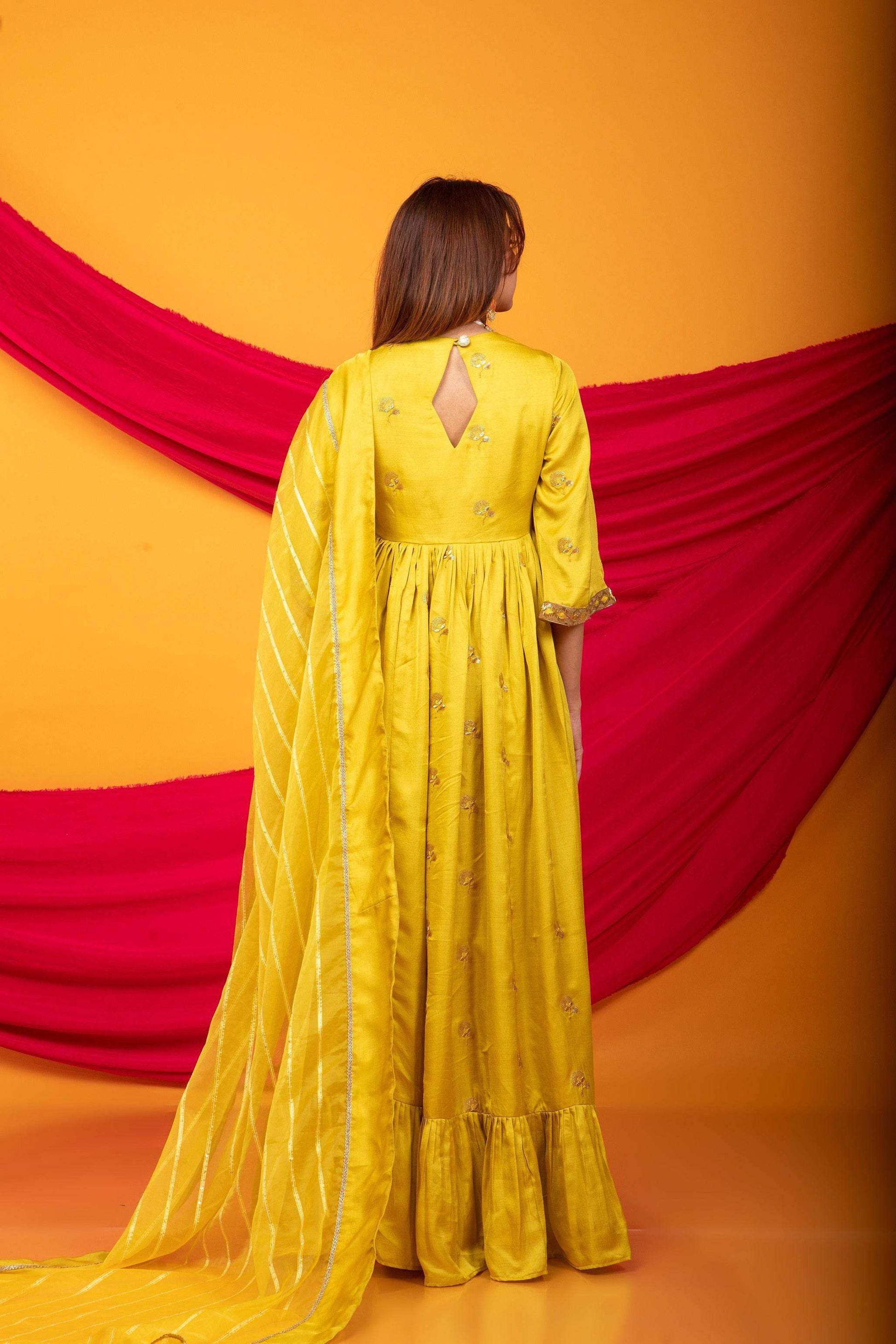 Zunera Long Anarkali Kurta with Dupatta Set-Canary Yellow - Monk & Mei