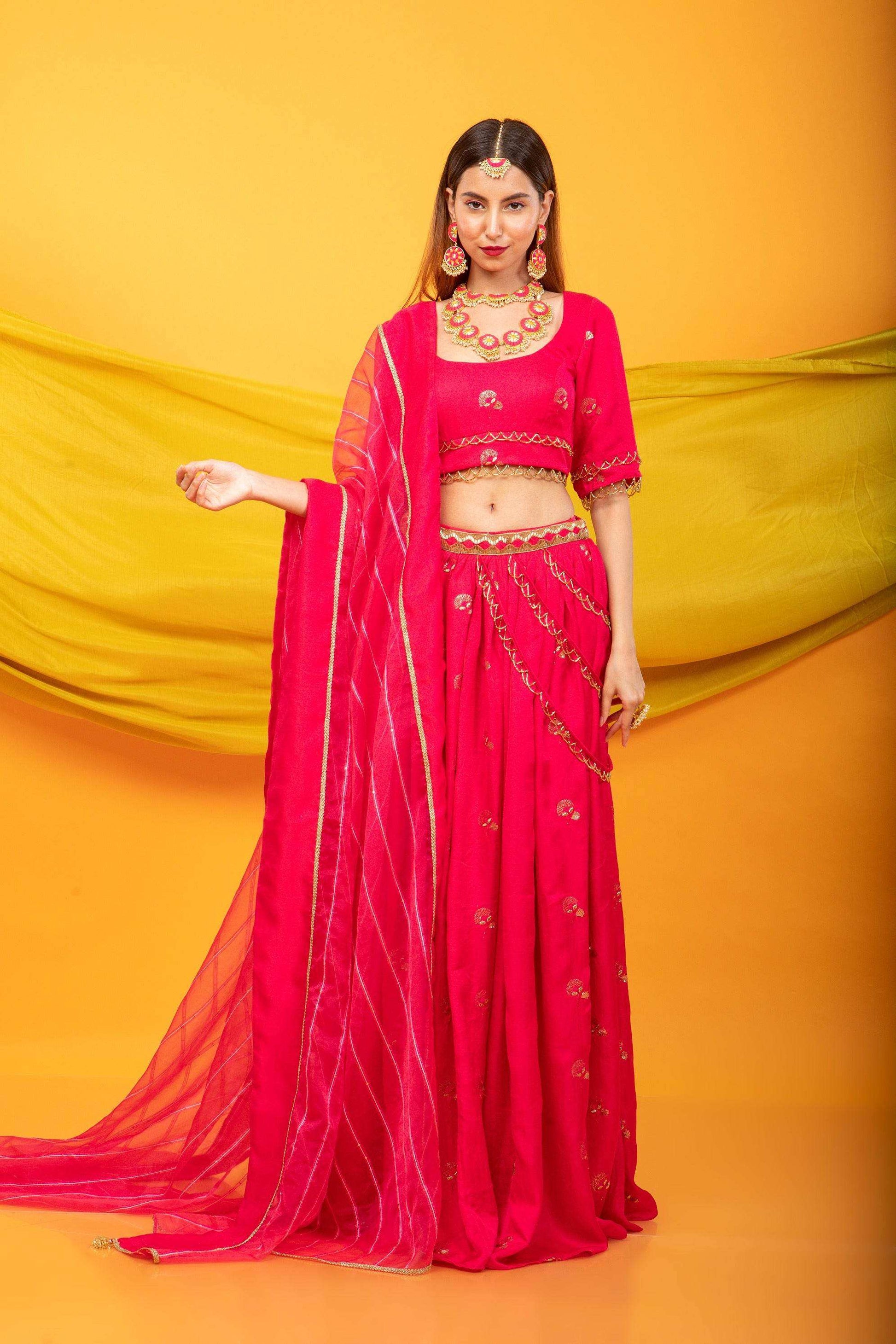 Gulkari Lehenga Set-Fuchsia Pink - Monk & Mei