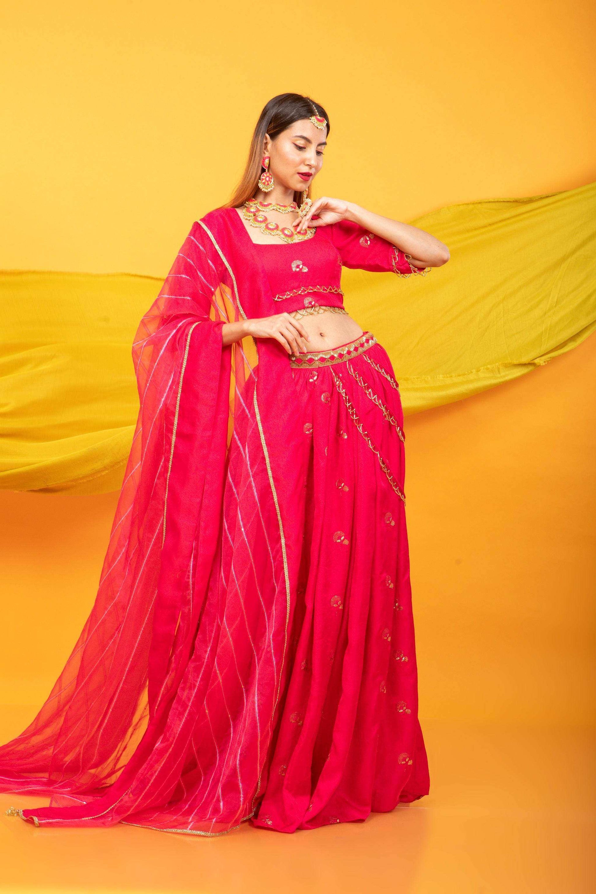 Gulkari Lehenga Set-Fuchsia Pink - Monk & Mei