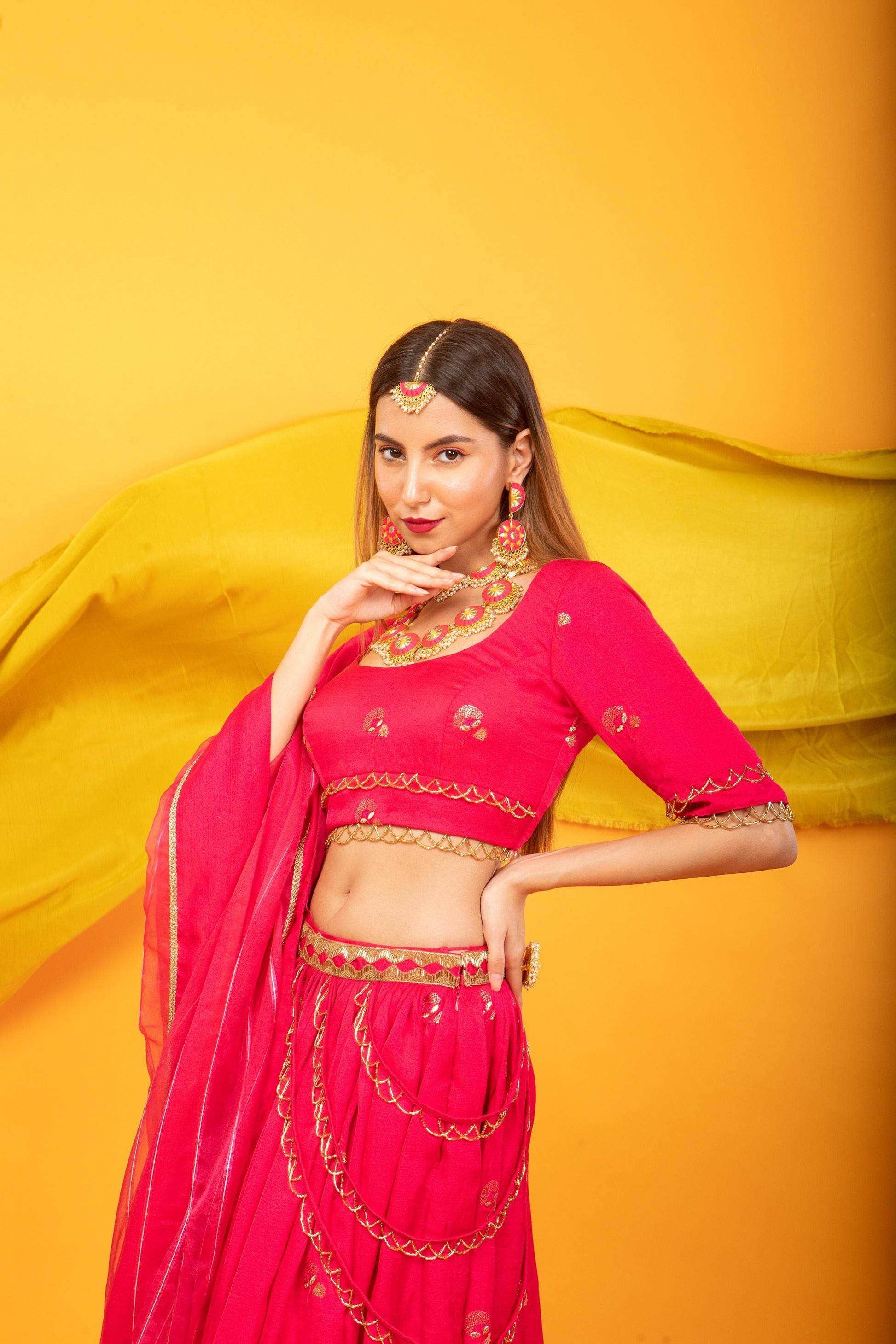 Gulkari Lehenga Set-Fuchsia Pink - Monk & Mei