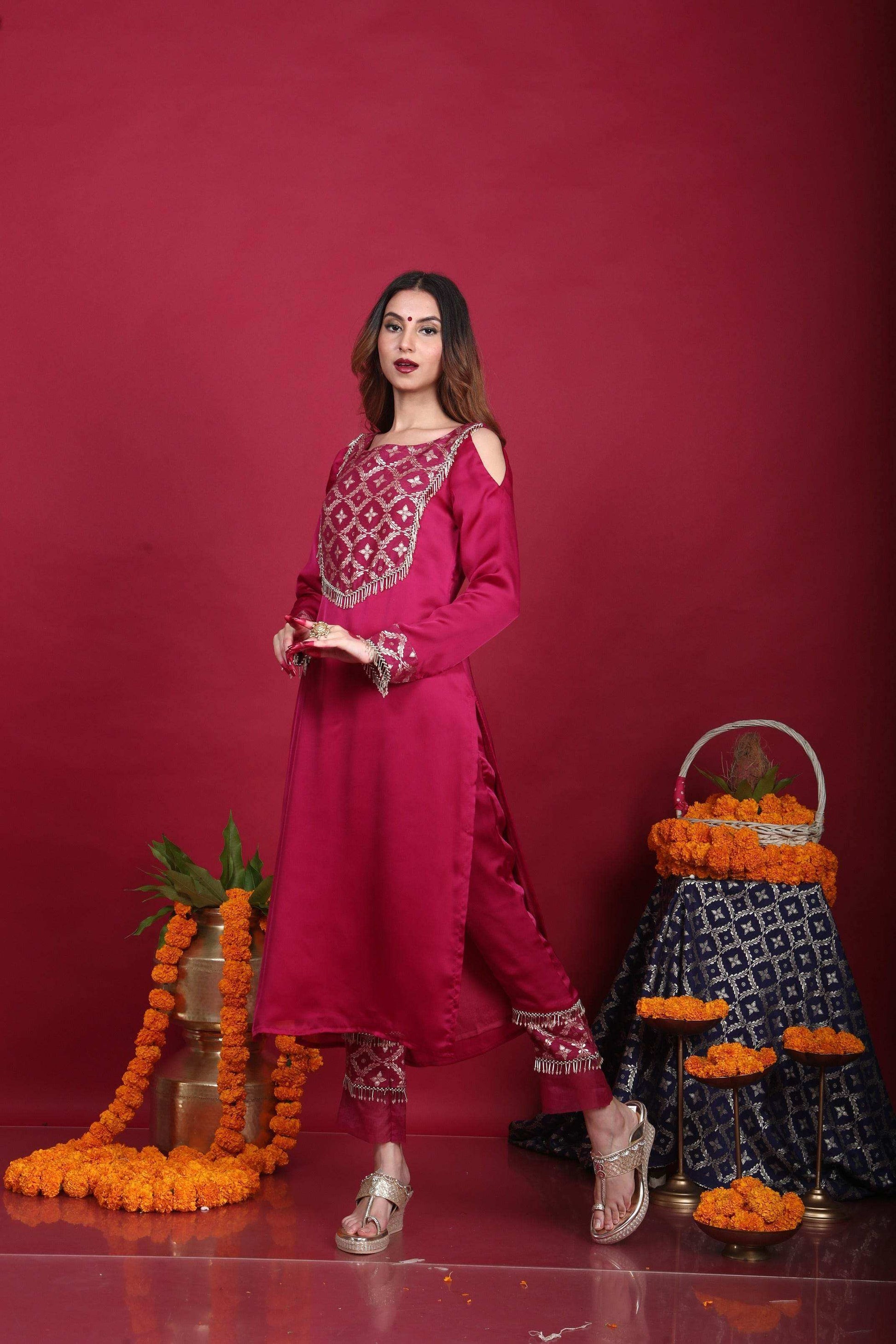 Isha-Cold-shoulder kurta set-Plum Purple - Monk & Mei