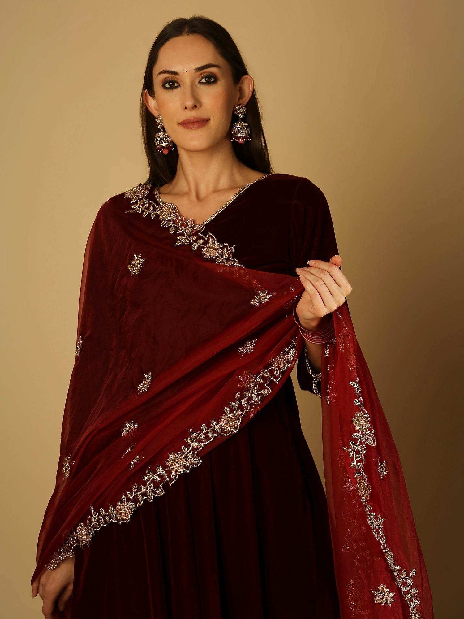 Zareen-Long kurta & palazzo with dupatta - Maroon - Monk & Mei