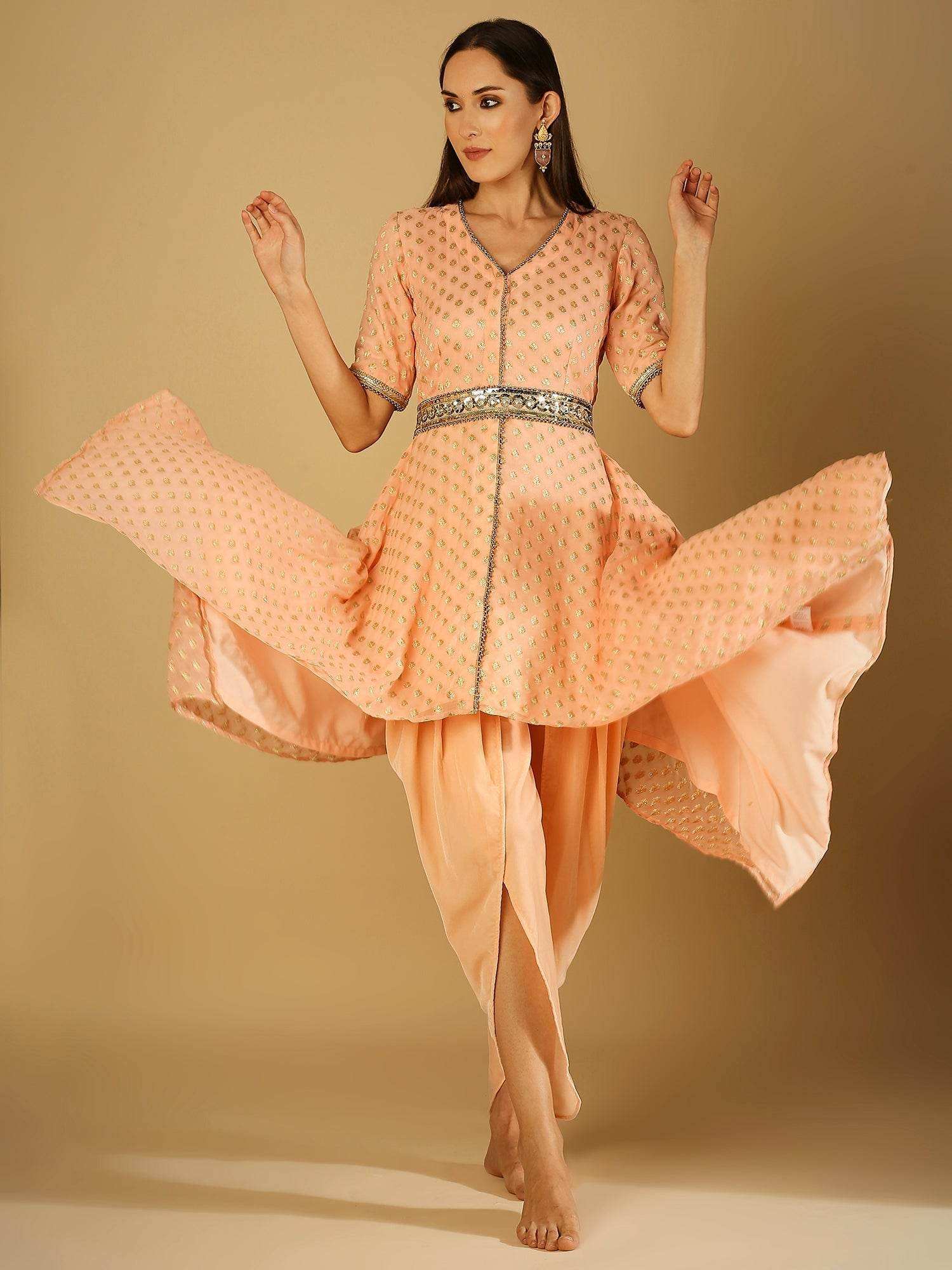 Tamanna-Kurta dhoti Set with Belt - Peach - Monk & Mei