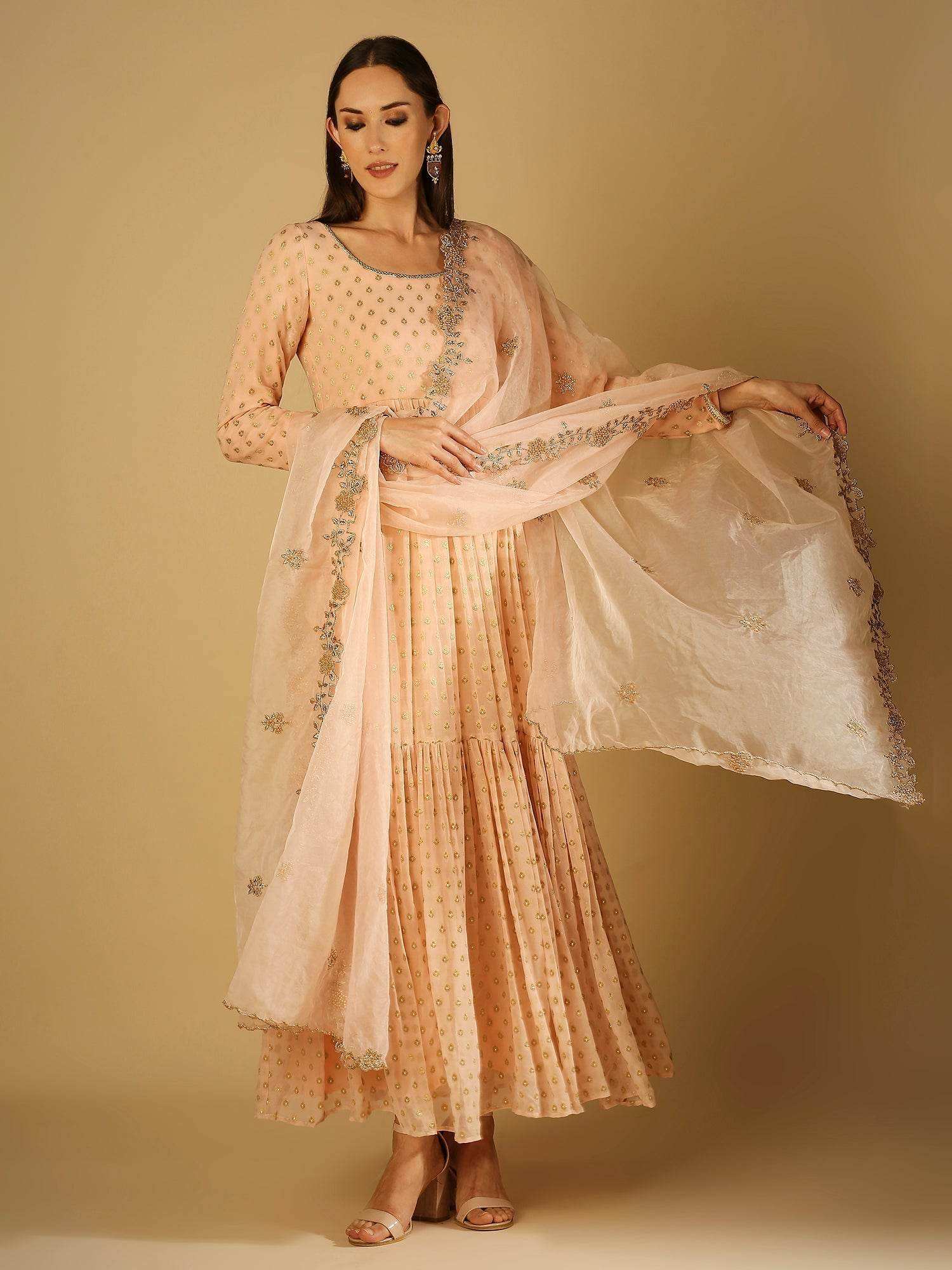 Reah-Anarkali with Organza Embroidered Dupatta - Peach pink - Monk & Mei