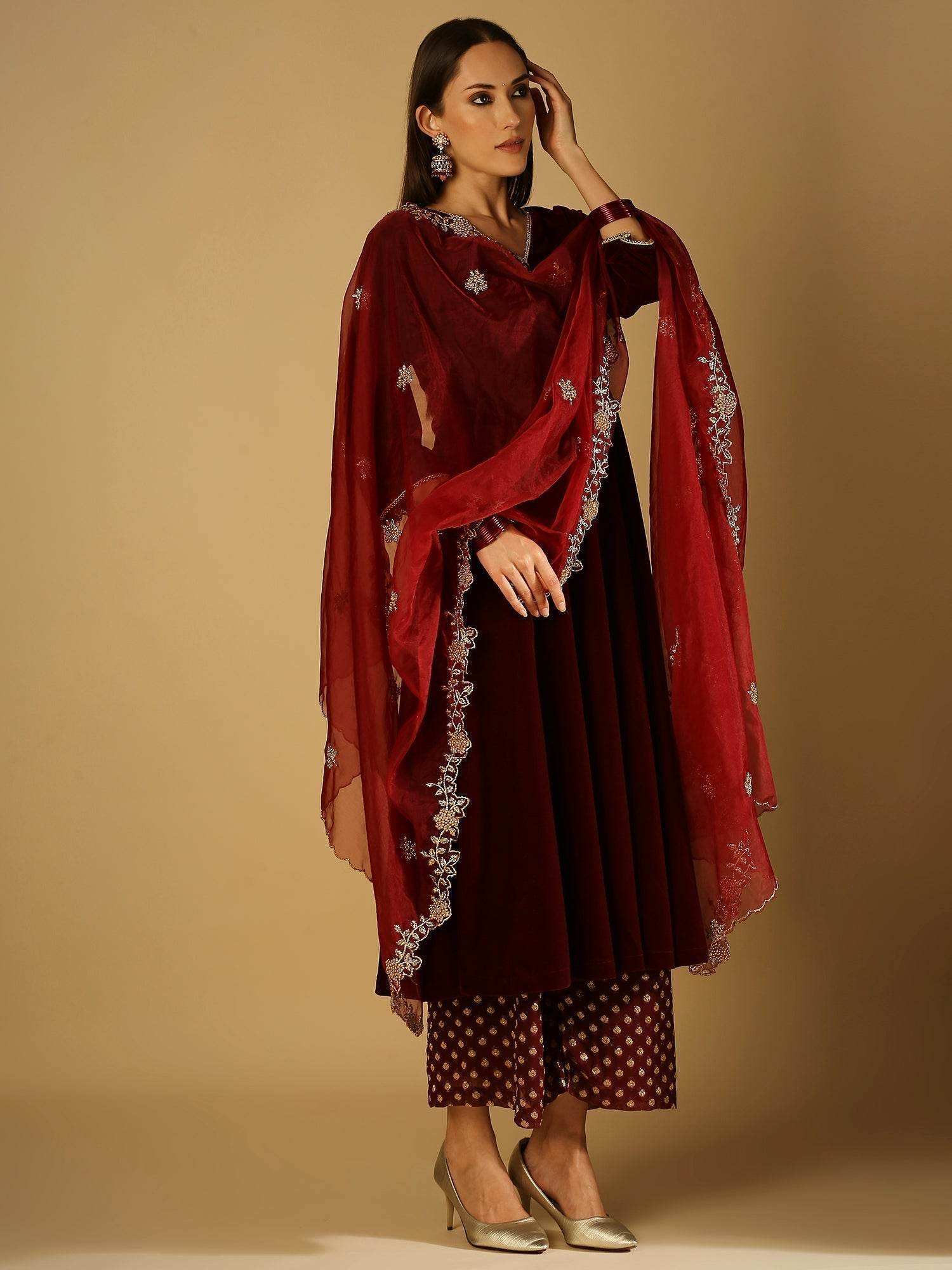 Zareen-Long kurta & palazzo with dupatta - Maroon - Monk & Mei