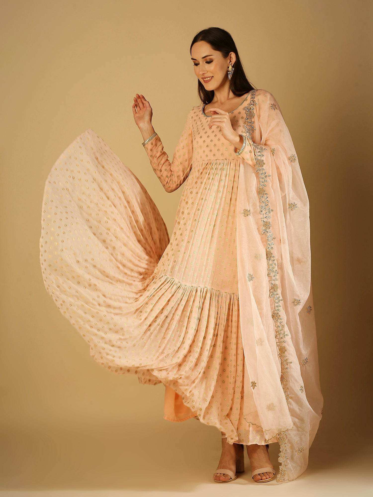 Reah-Anarkali with Organza Embroidered Dupatta - Peach pink - Monk & Mei