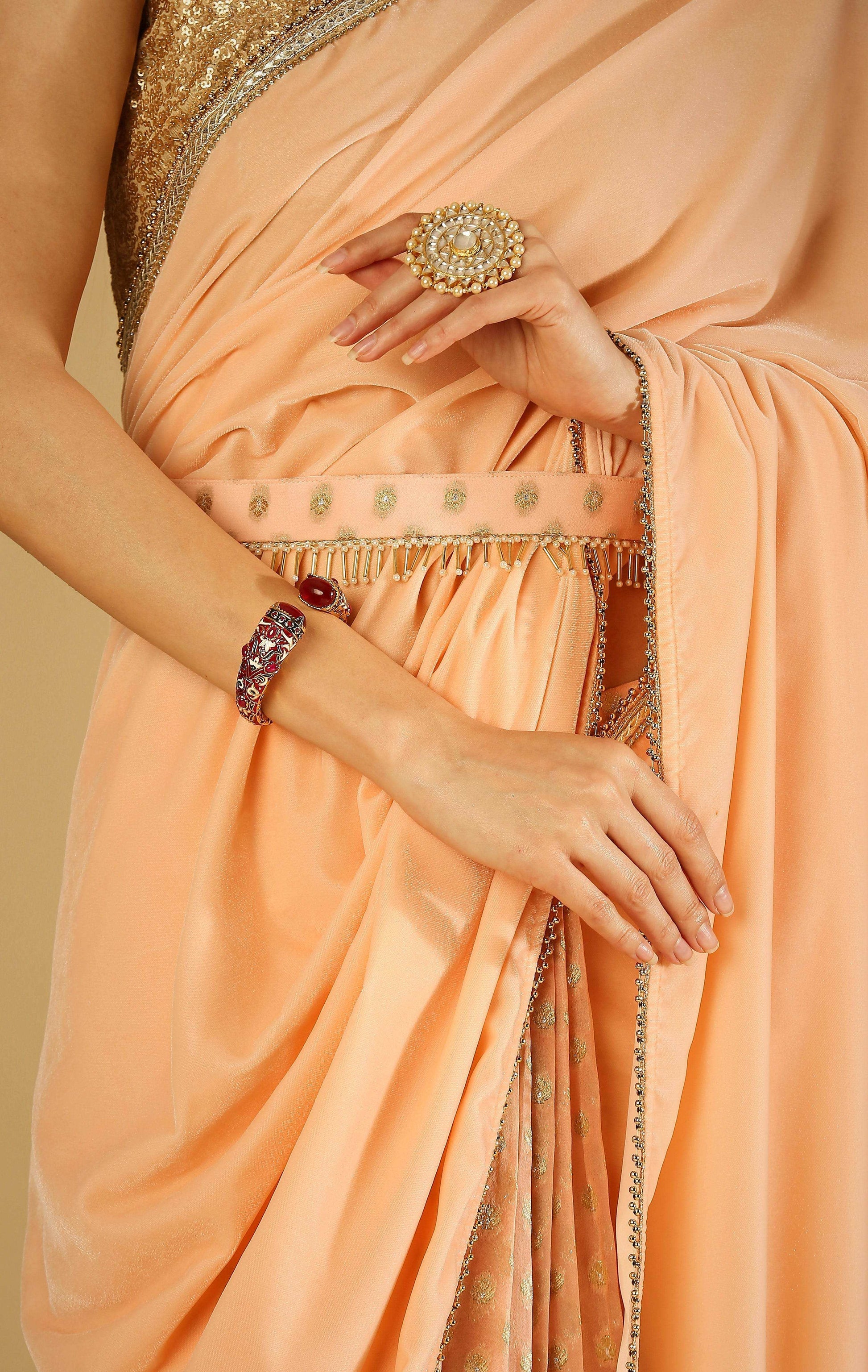 Sultana-Saree with blouse & belt - Peach Pink - Monk & Mei