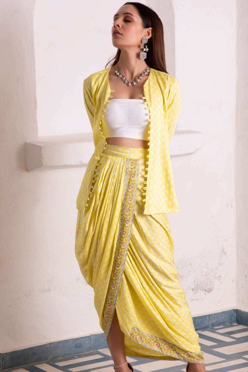 Aaliyah Designer Dhoti Jacket - Yellow - Monk & Mei
