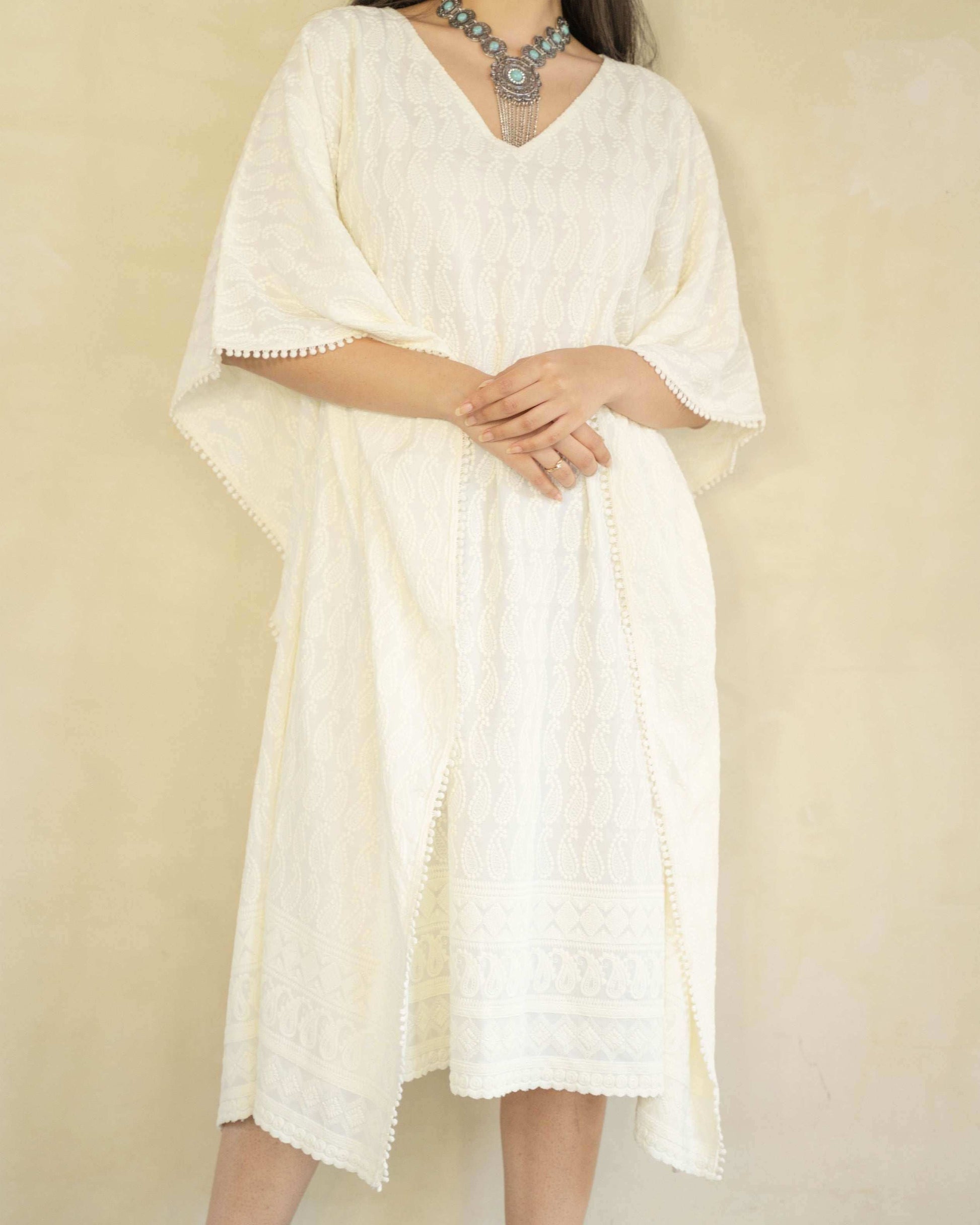 ADA- CHIKANKARI KAFTAN DRESS - Cream - Monk & Mei