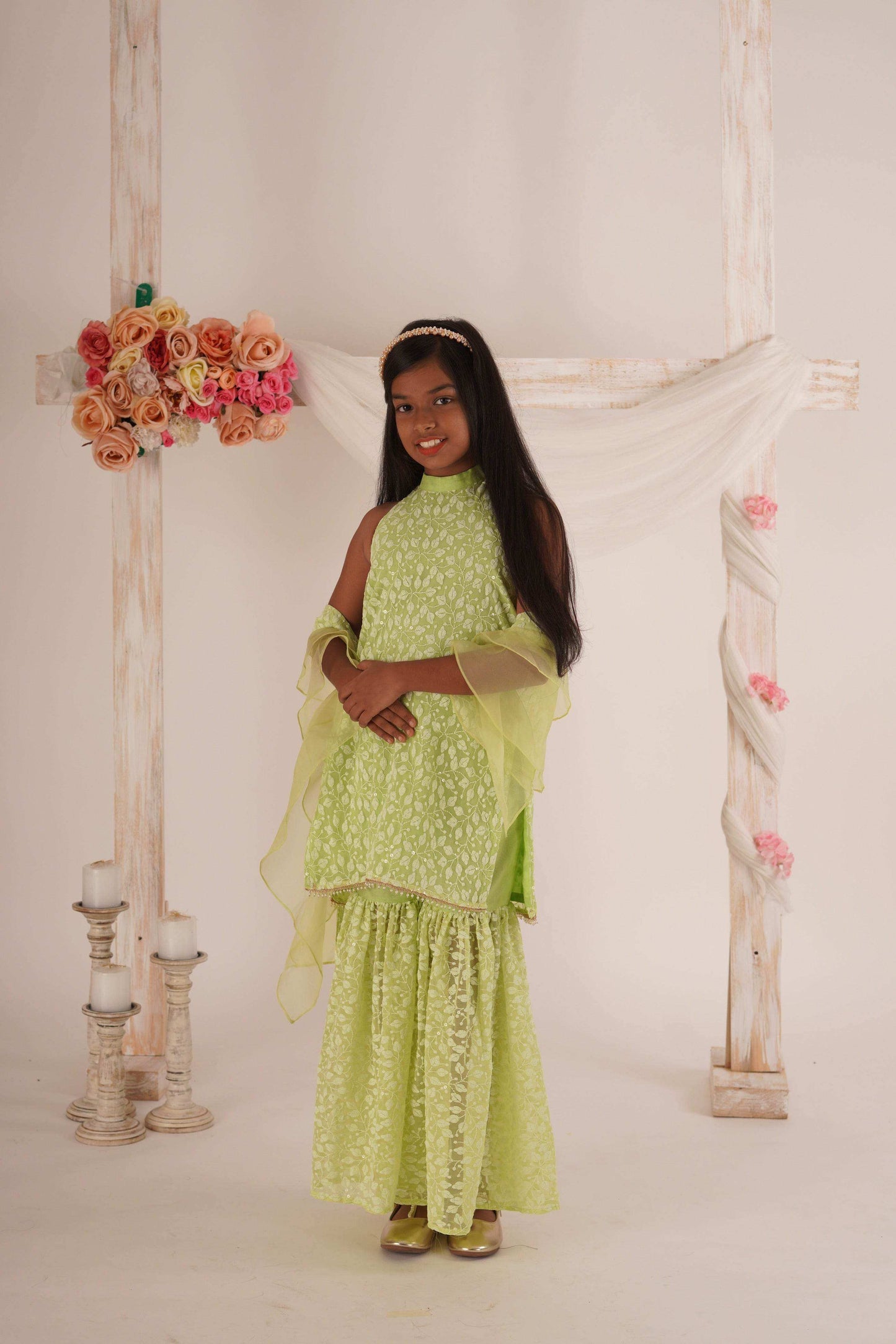 Anna- Kurta, Sharara and Dupatta set- Pista Green - Monk & Mei