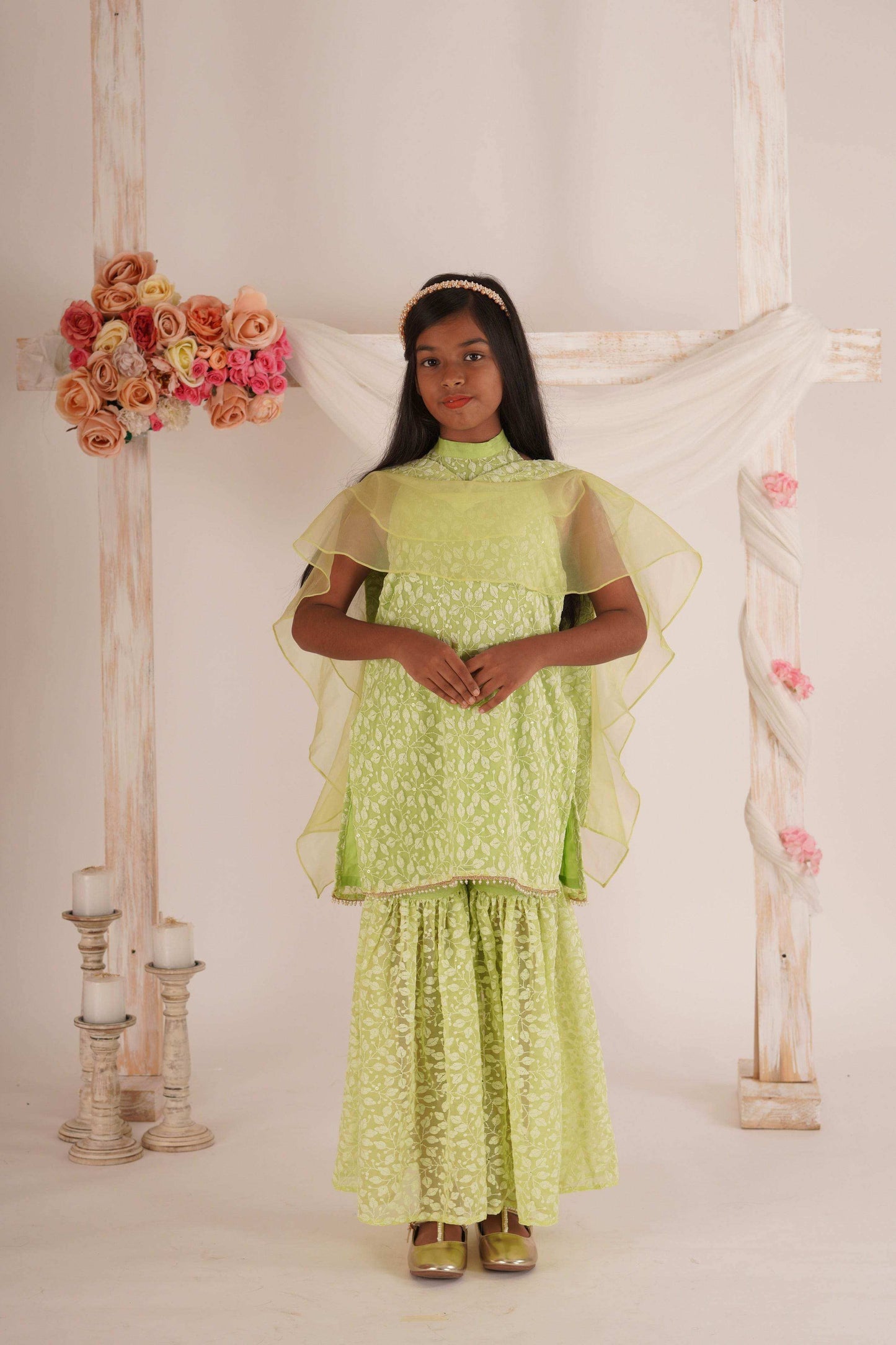 Anna- Kurta, Sharara and Dupatta set- Pista Green - Monk & Mei