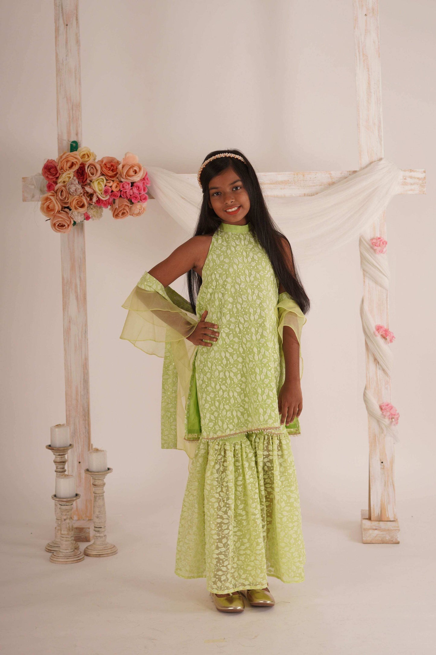 Anna- Kurta, Sharara and Dupatta set- Pista Green - Monk & Mei