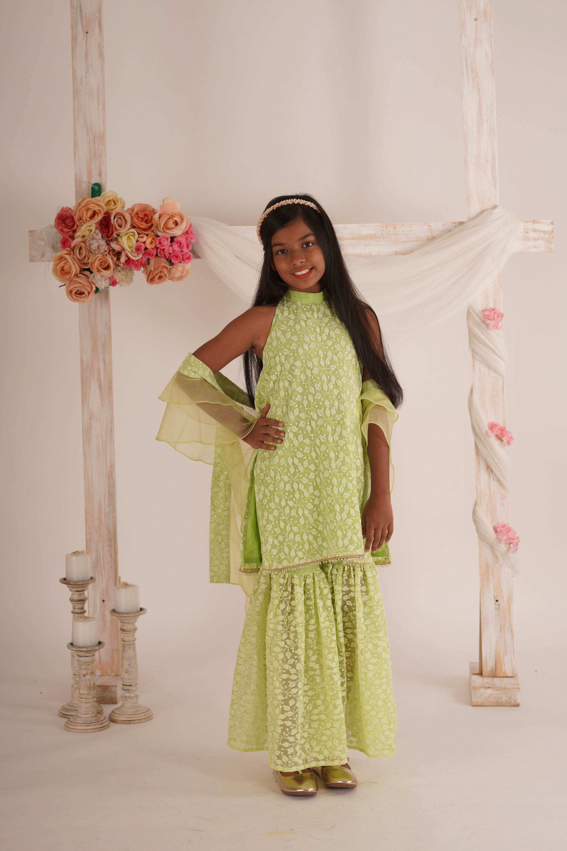 Anna- Kurta, Sharara and Dupatta set- Pista Green - Monk & Mei