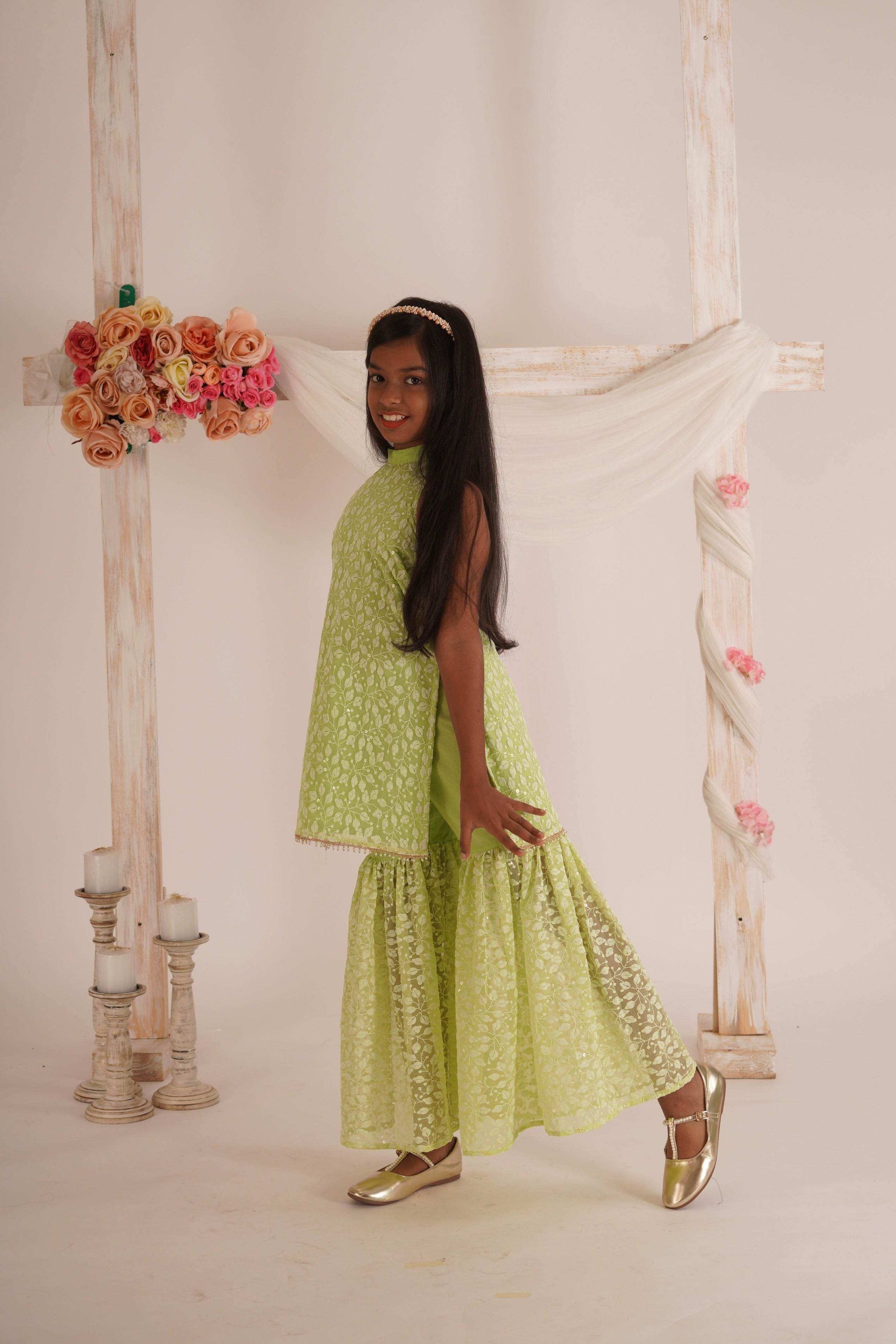 Anna- Kurta, Sharara and Dupatta set- Pista Green - Monk & Mei