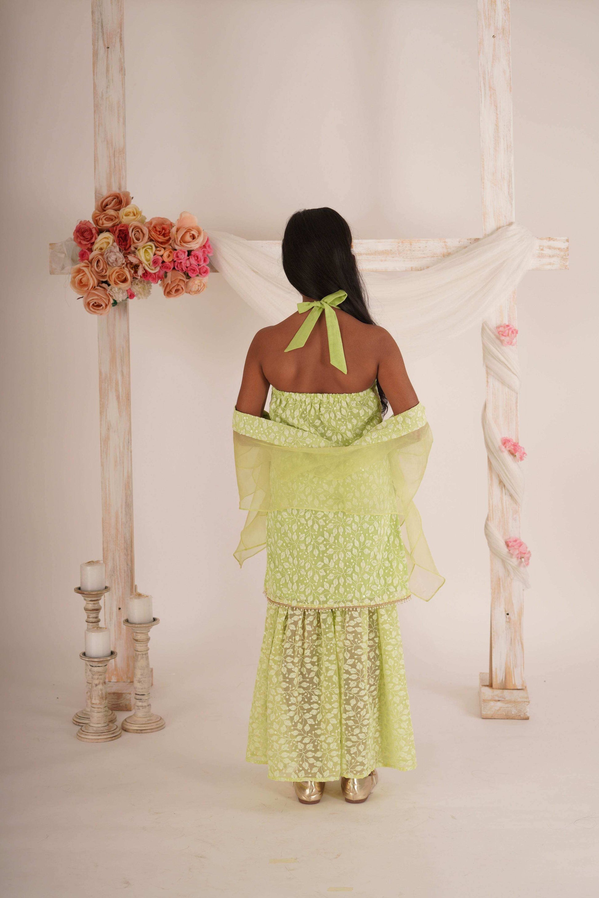 Anna- Kurta, Sharara and Dupatta set- Pista Green - Monk & Mei