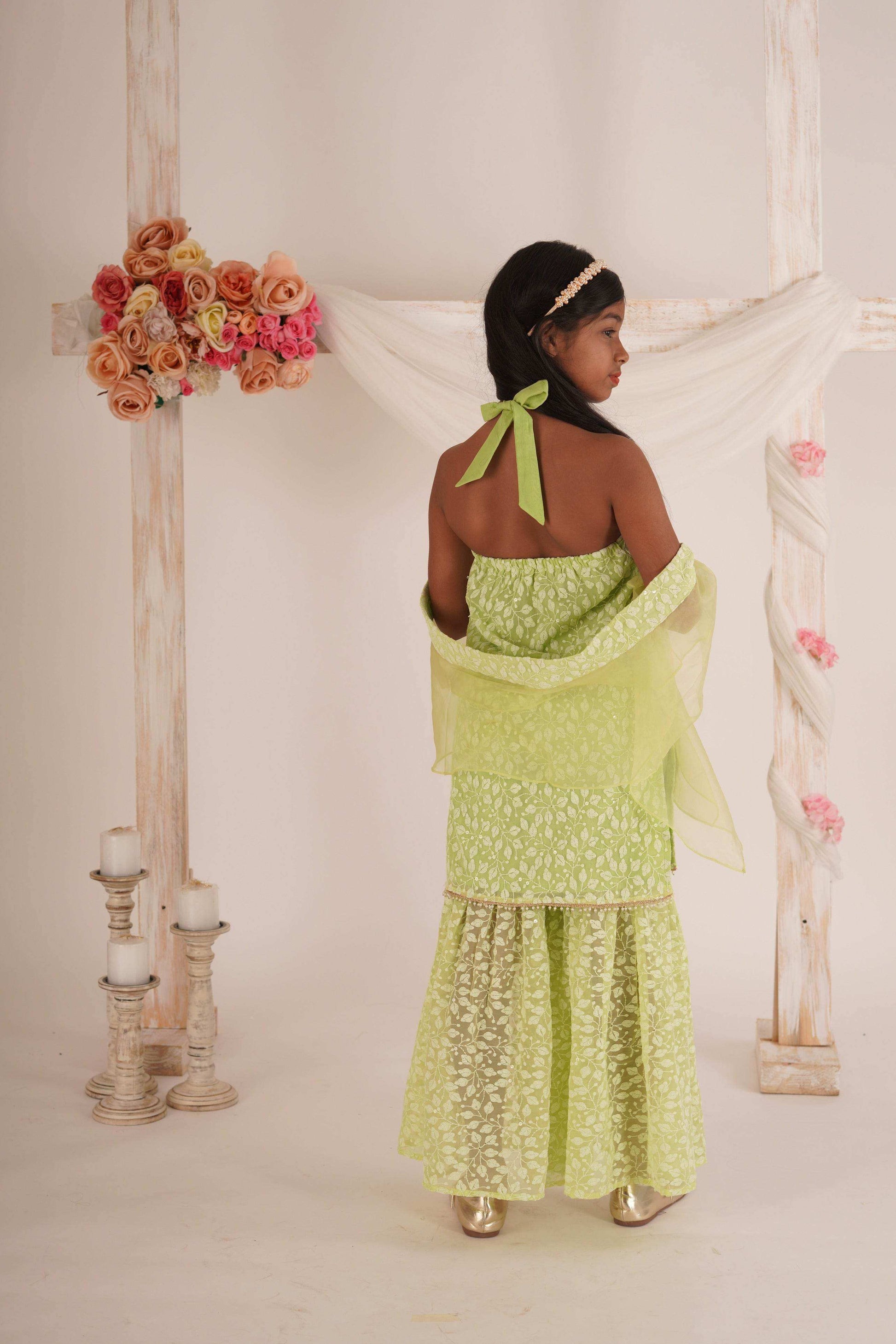 Anna- Kurta, Sharara and Dupatta set- Pista Green - Monk & Mei