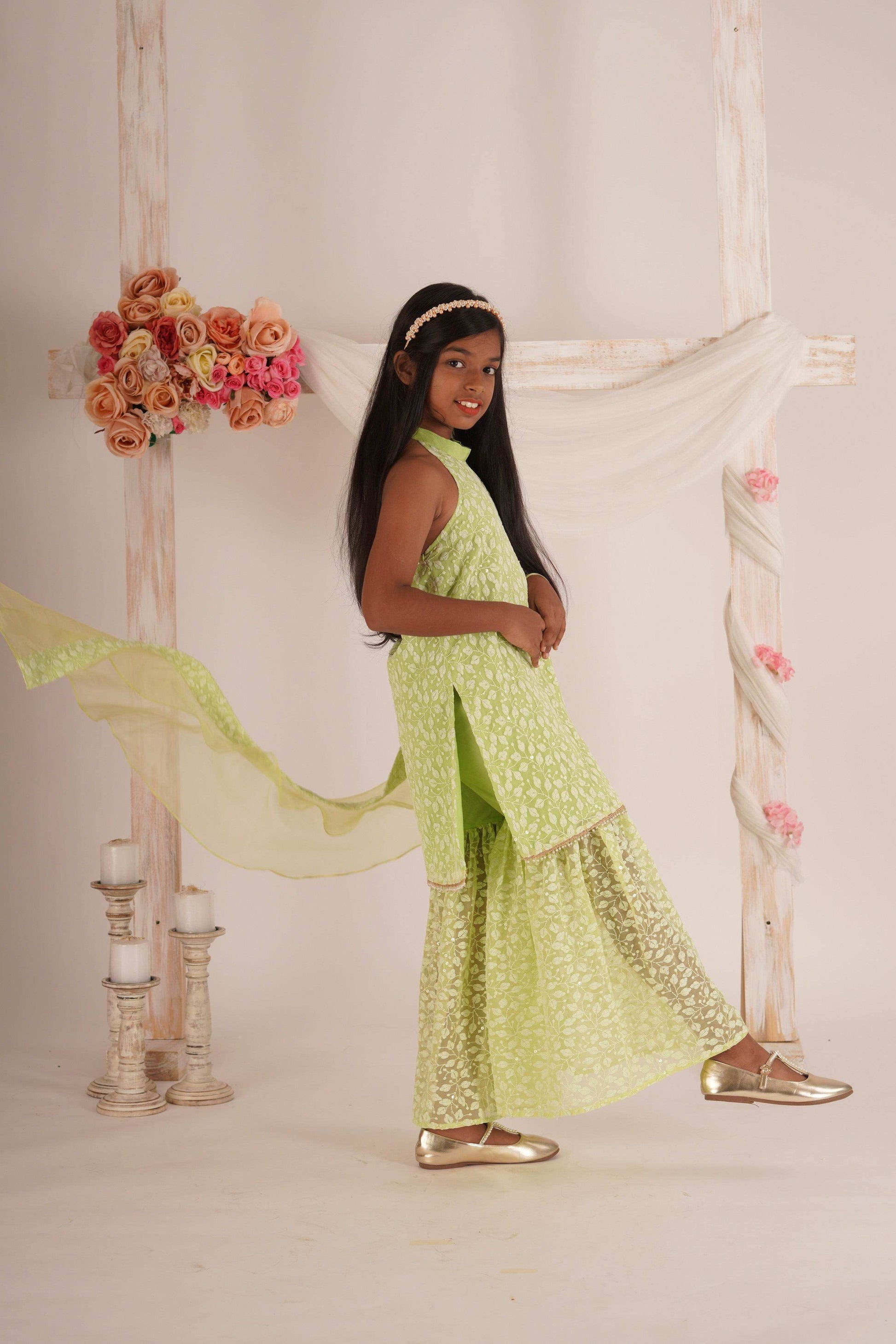 Anna- Kurta, Sharara and Dupatta set- Pista Green - Monk & Mei