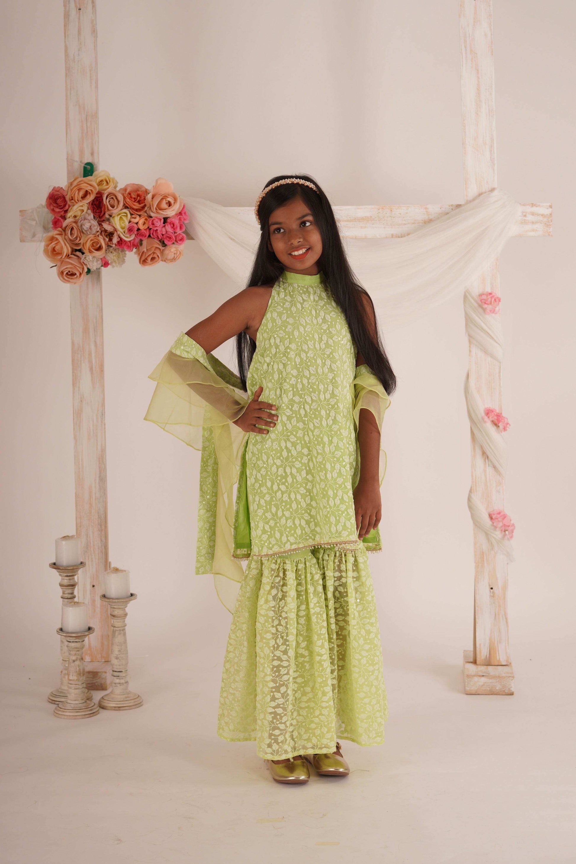 Anna- Kurta, Sharara and Dupatta set- Pista Green - Monk & Mei