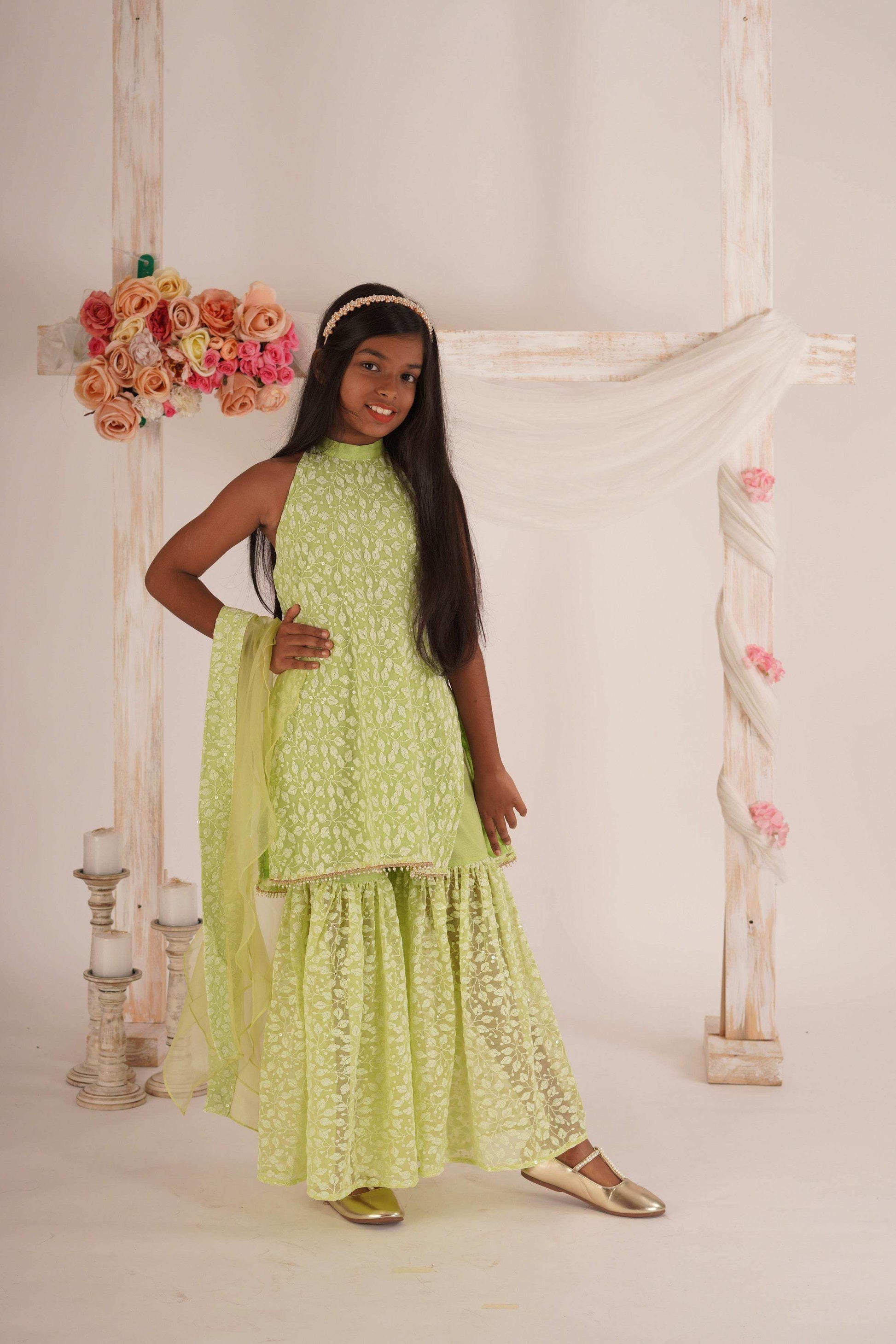 Anna- Kurta, Sharara and Dupatta set- Pista Green - Monk & Mei